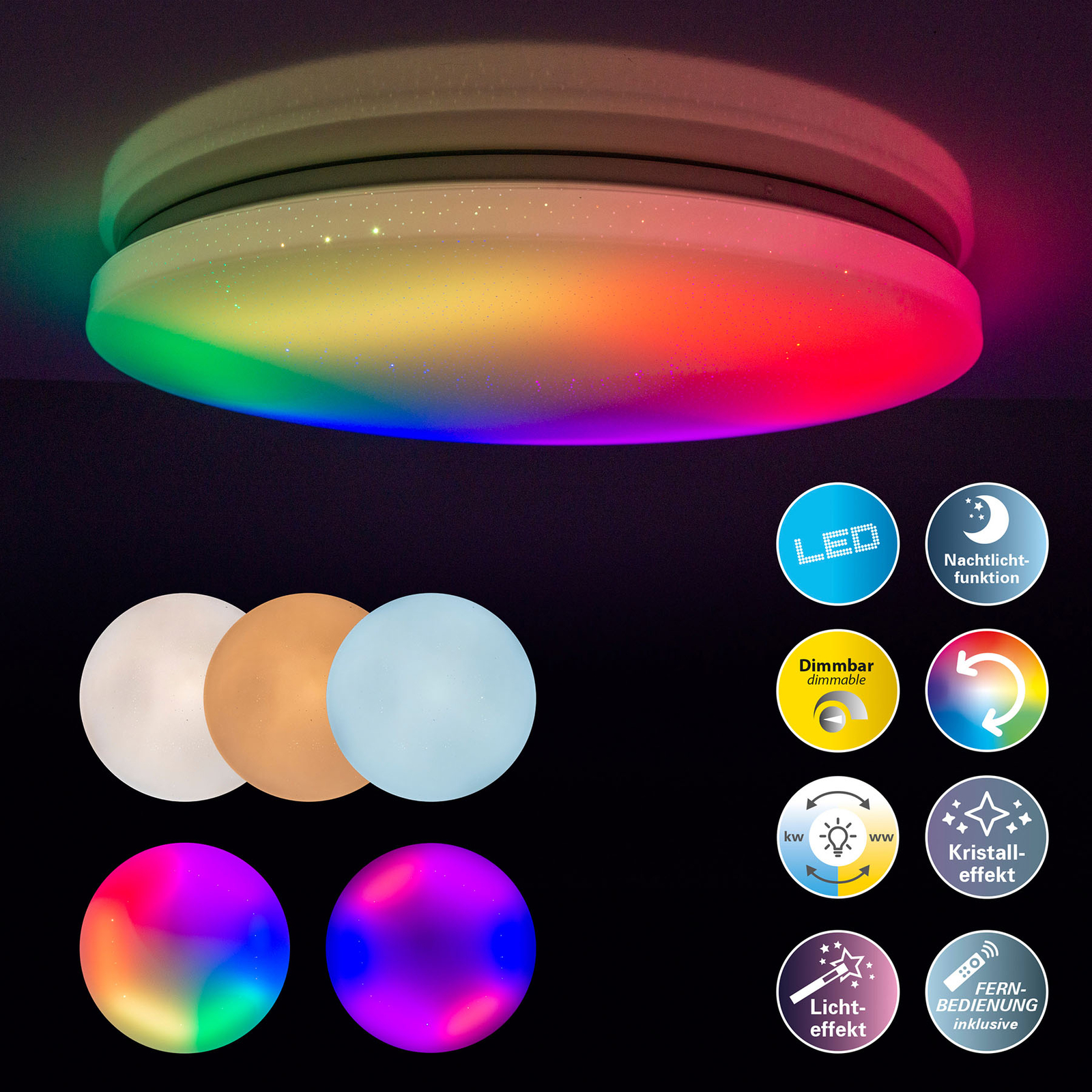 LED-taklampa Rainbow, dimbar, RGBW, nattlampa