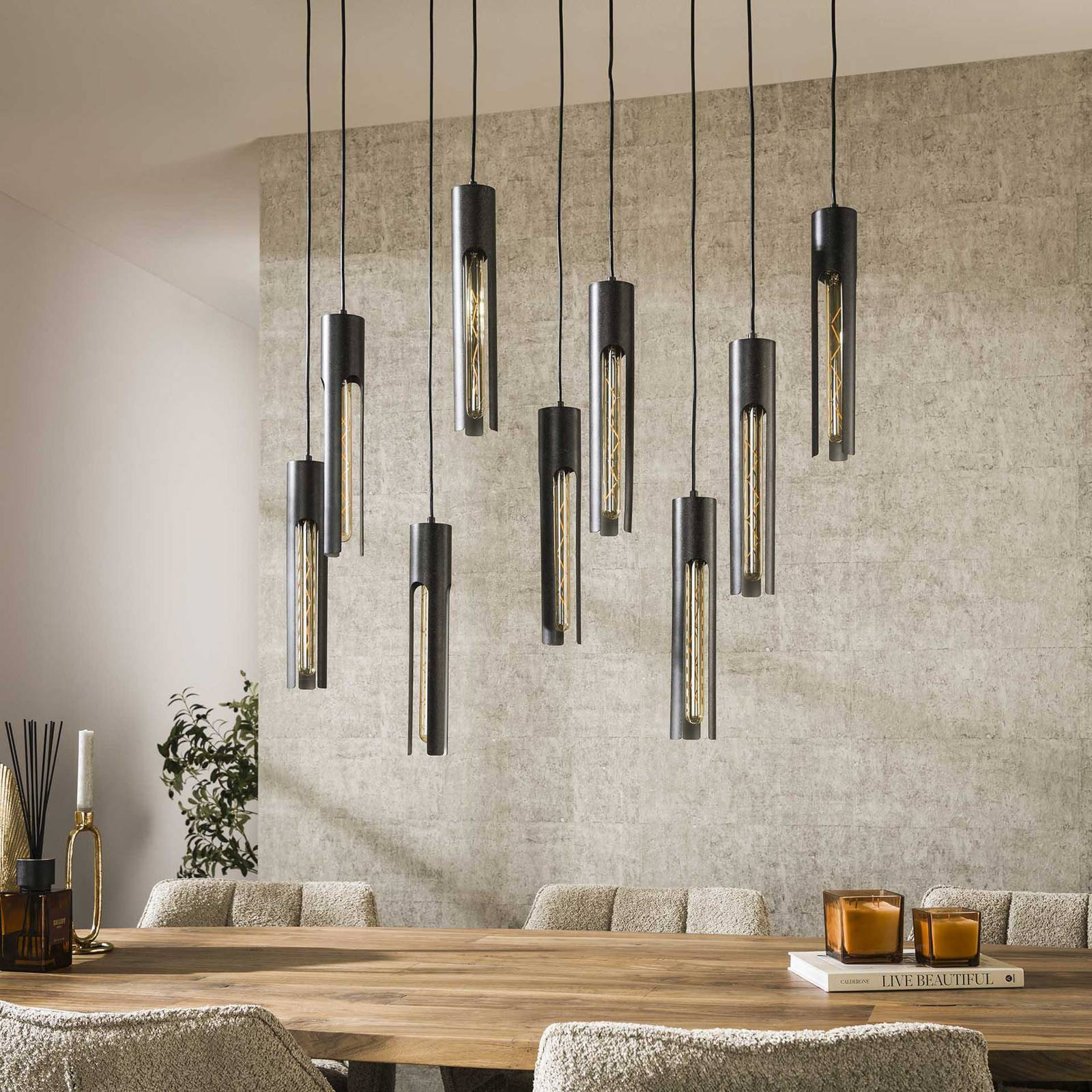 Lampa wisząca Tube, czarna, 100 x 18 cm, metal, 9-punktowa