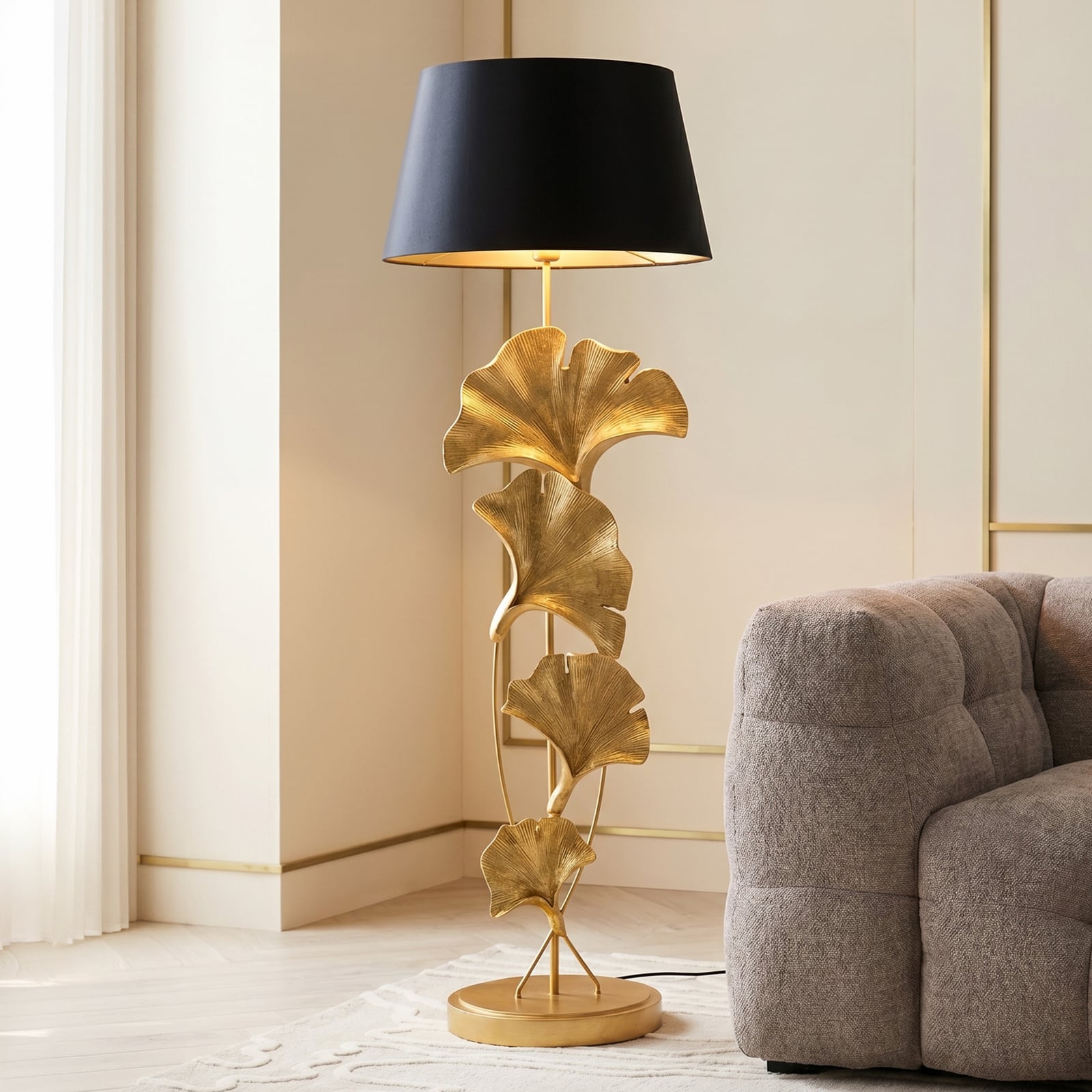 Kare põrandalamp „Ginkgo”, kuldne, linane, kõrgus 129 cm, E27