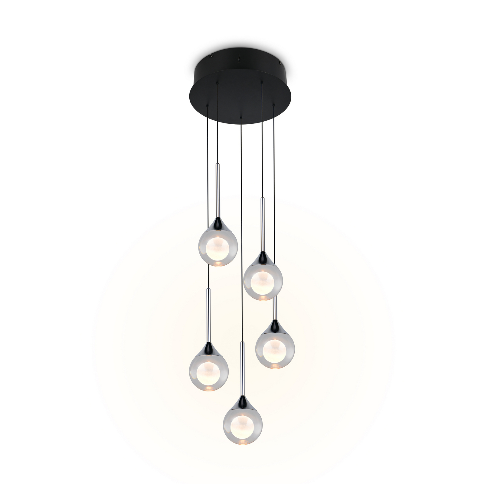LED висяща лампа „Calista“, хромиран цвят, Ø 31 см, метал/стъкло, 5 лампи LED висяща лампа „Calista“, хромиран цвят, Ø 31 см, метал/стъкло, 5 лампи