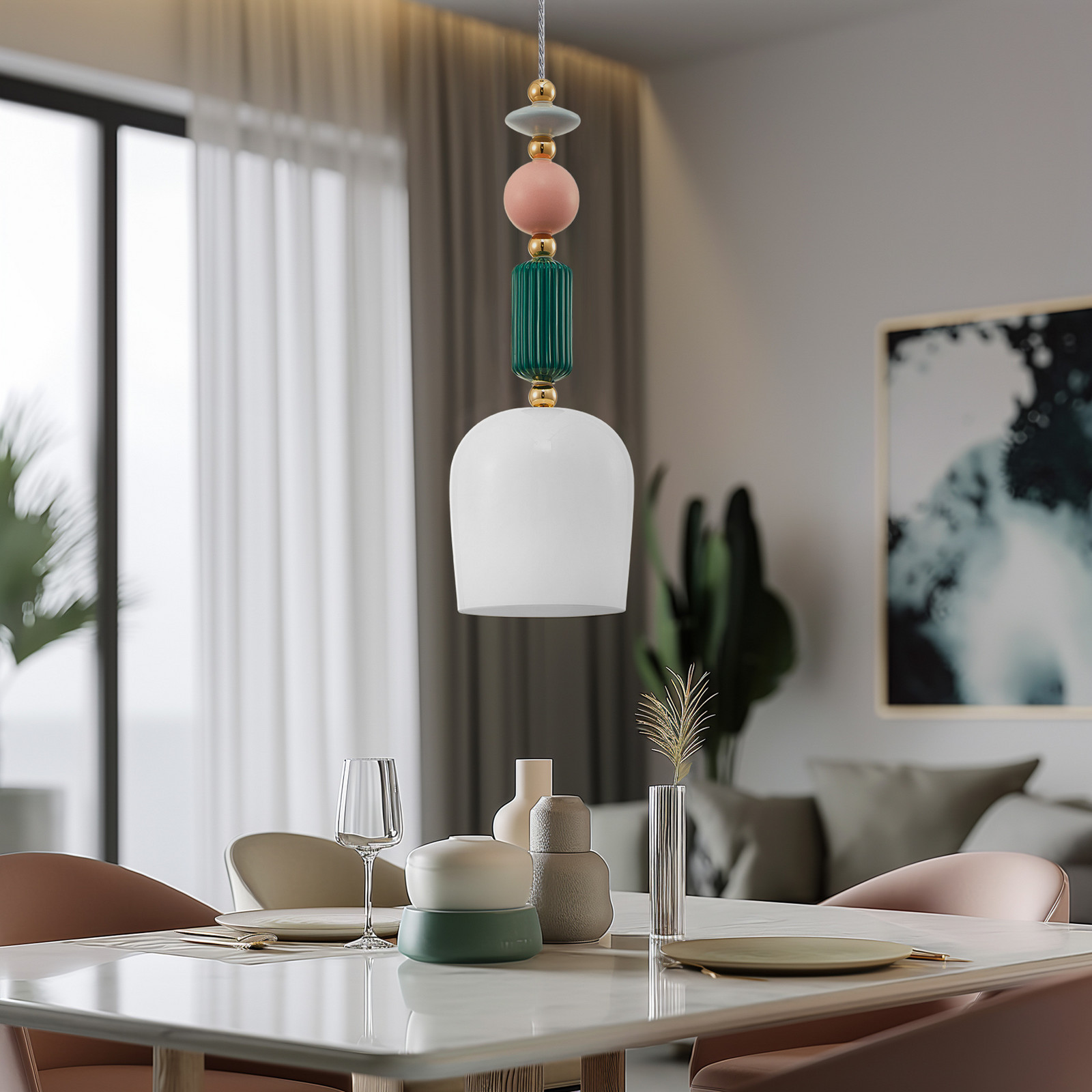 Lampă suspendată Lindby Ysoria gri/roz/verde ceramică Ø 16 cm - Camera de zi / sufragerie - design - opal alamă verde roz