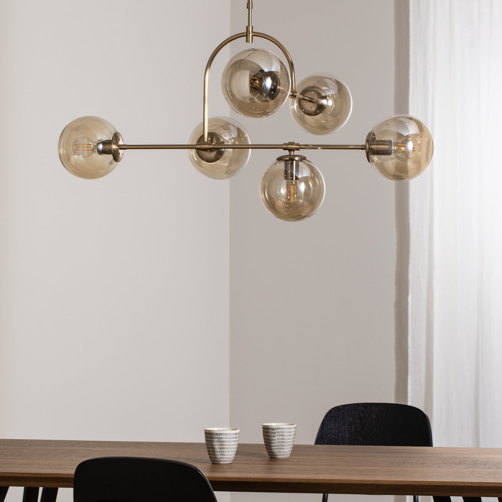 Portemo pendant light, brass, length 104 cm, 6-bulb, glass