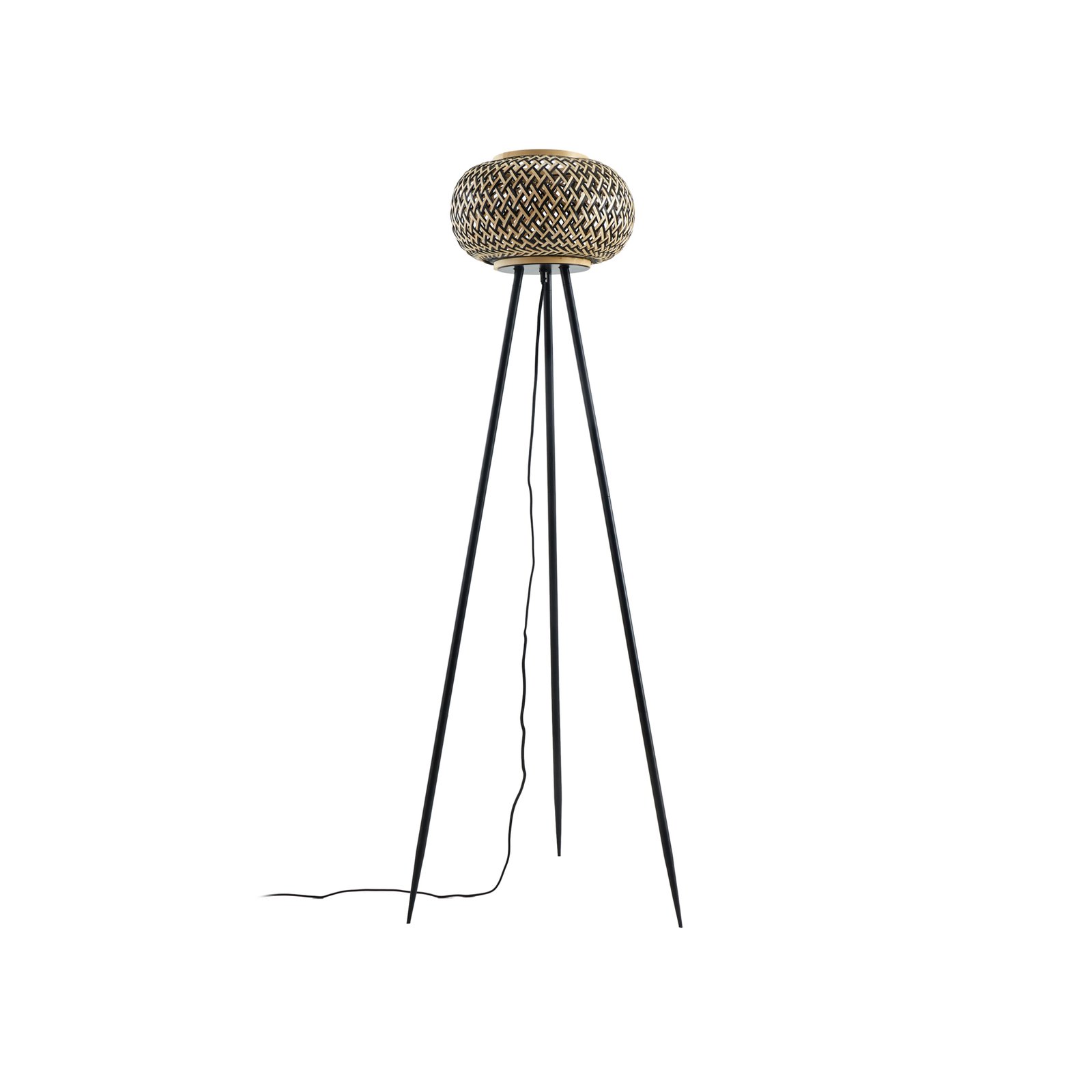 Lindby floor lamp Nerys, black, bamboo, Ø 31.5 cm, tripod