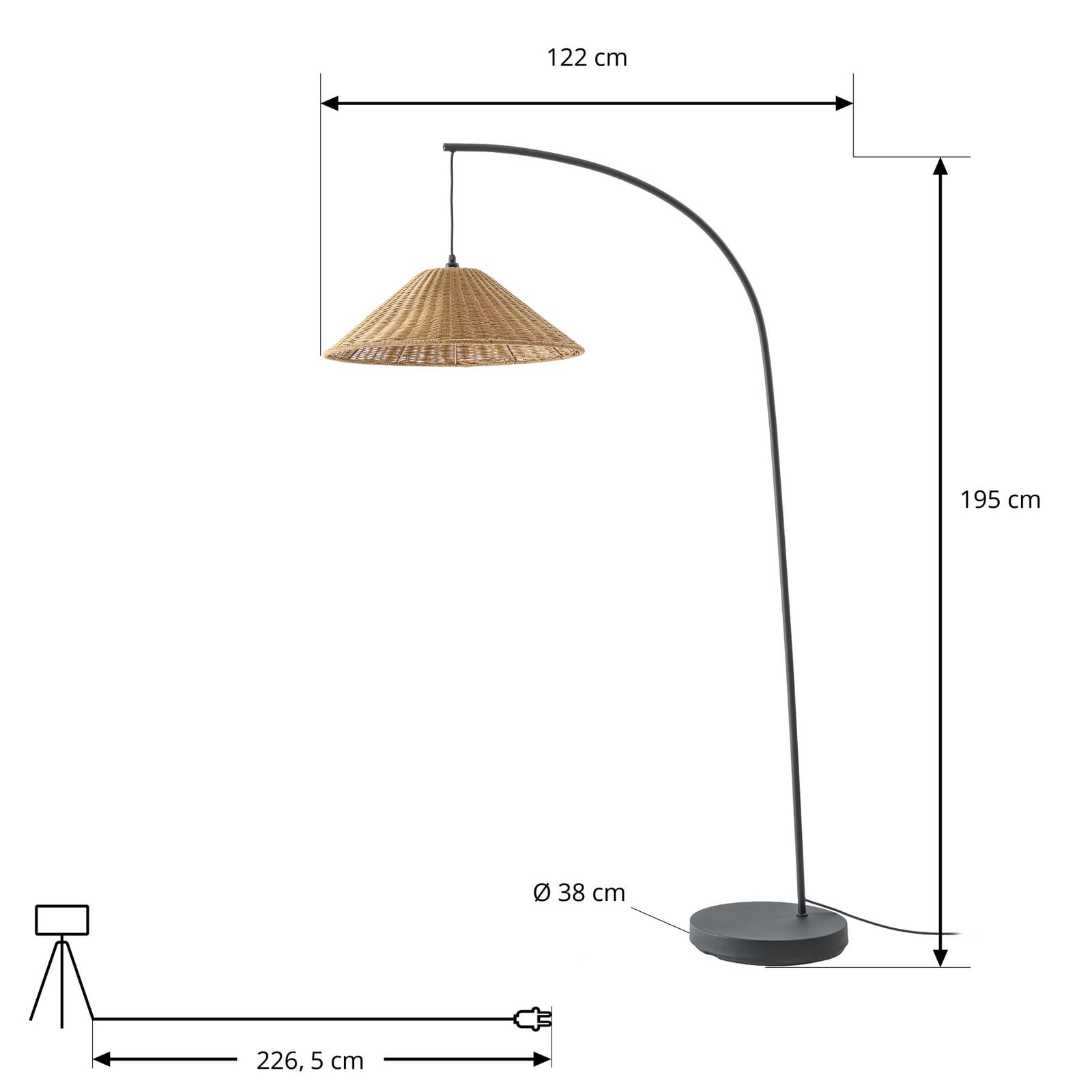 Venkovní stojací lampa Taniola, 195 cm, E27, kuželovitá, ratan, IP44 - Lucande