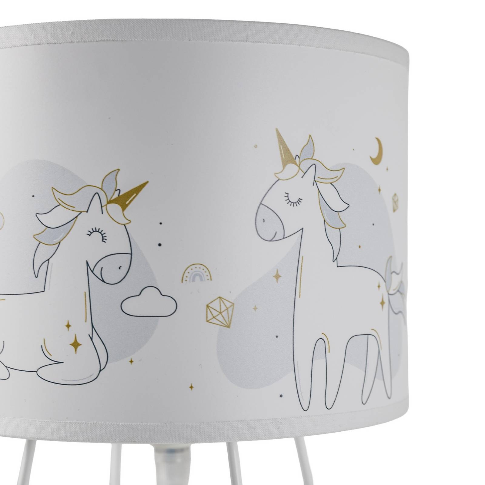 Lampa stołowa Mila, tkanina, jednorożce, E14, wysokość 32,5 cm