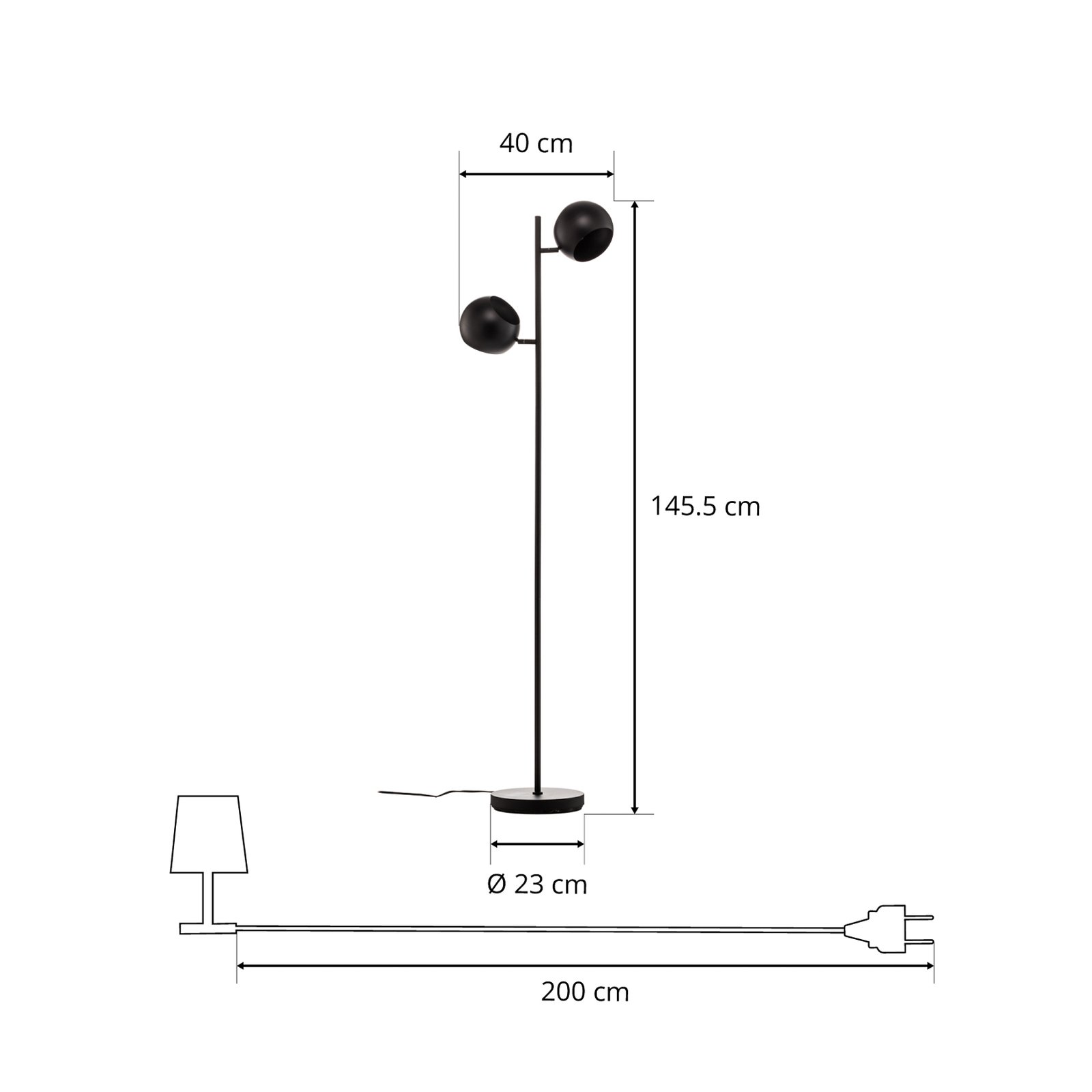 Stojací lampa Edgar, dva zdroje, černá