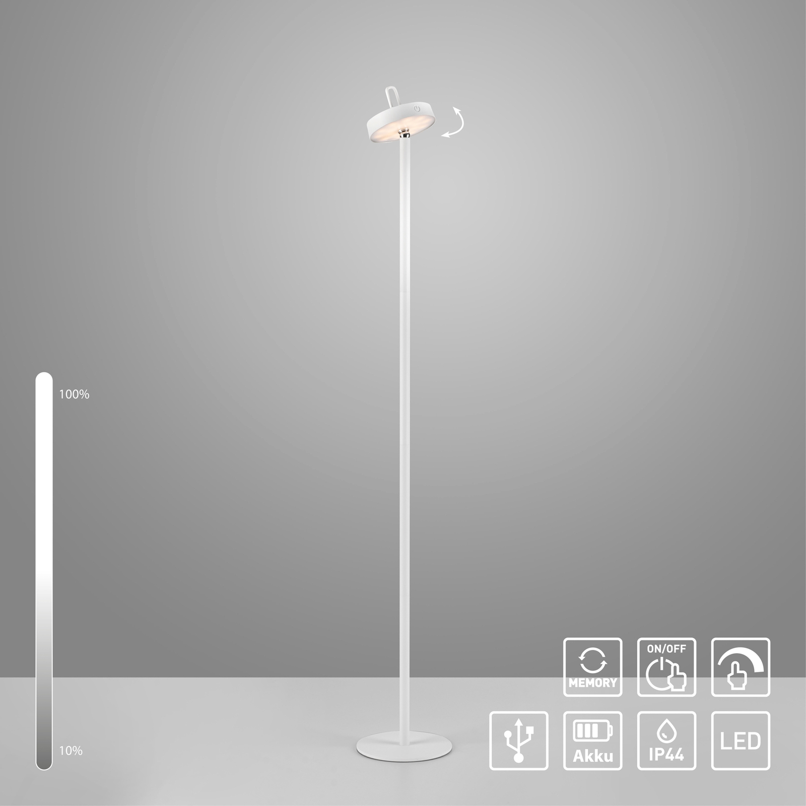 JUST LIGHT. Lampe sur pied LED rechargeable Amag, blanc, fer, IP44