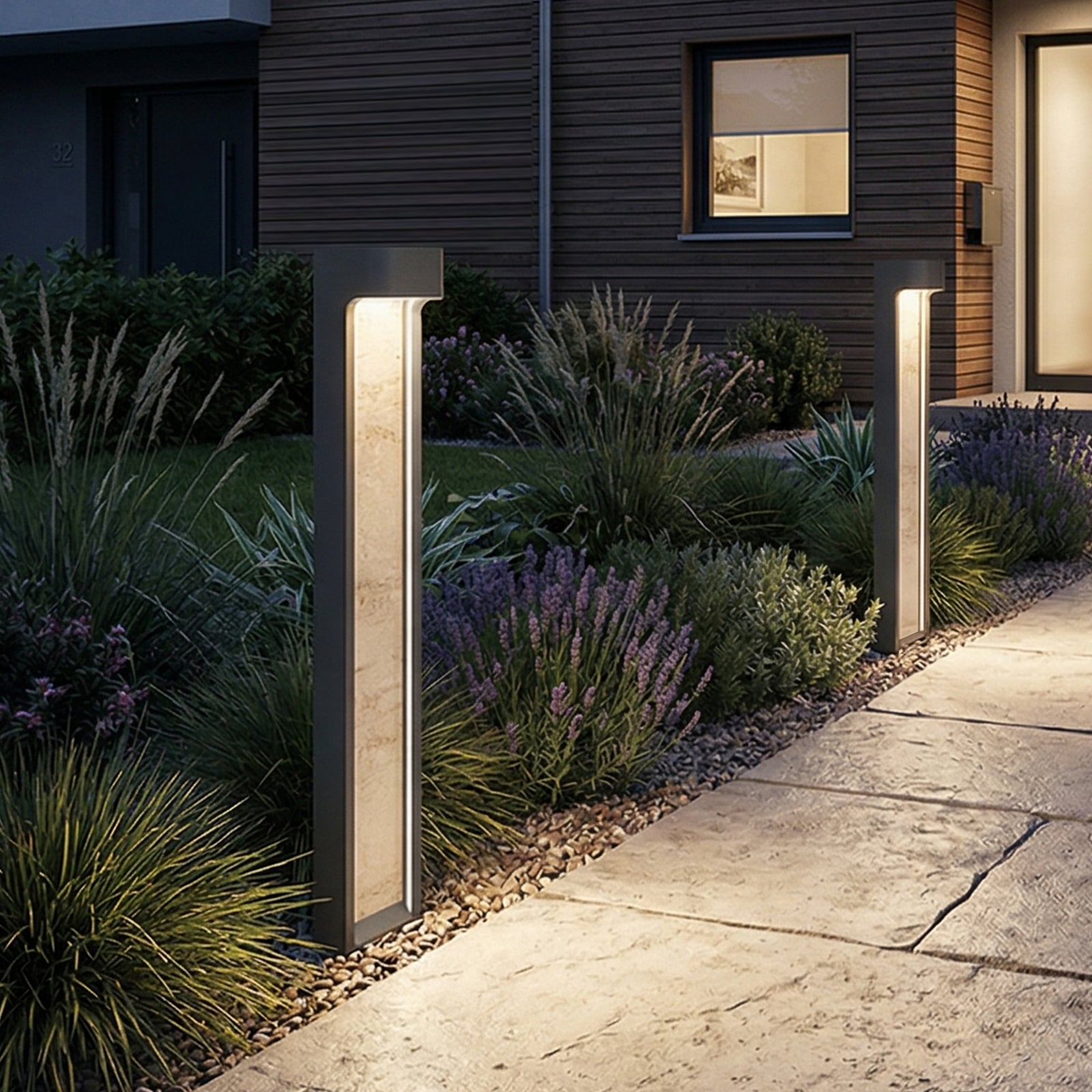 Lucande LED-Wegelampe Meta, Metall, Travertine Inlay, 100cm