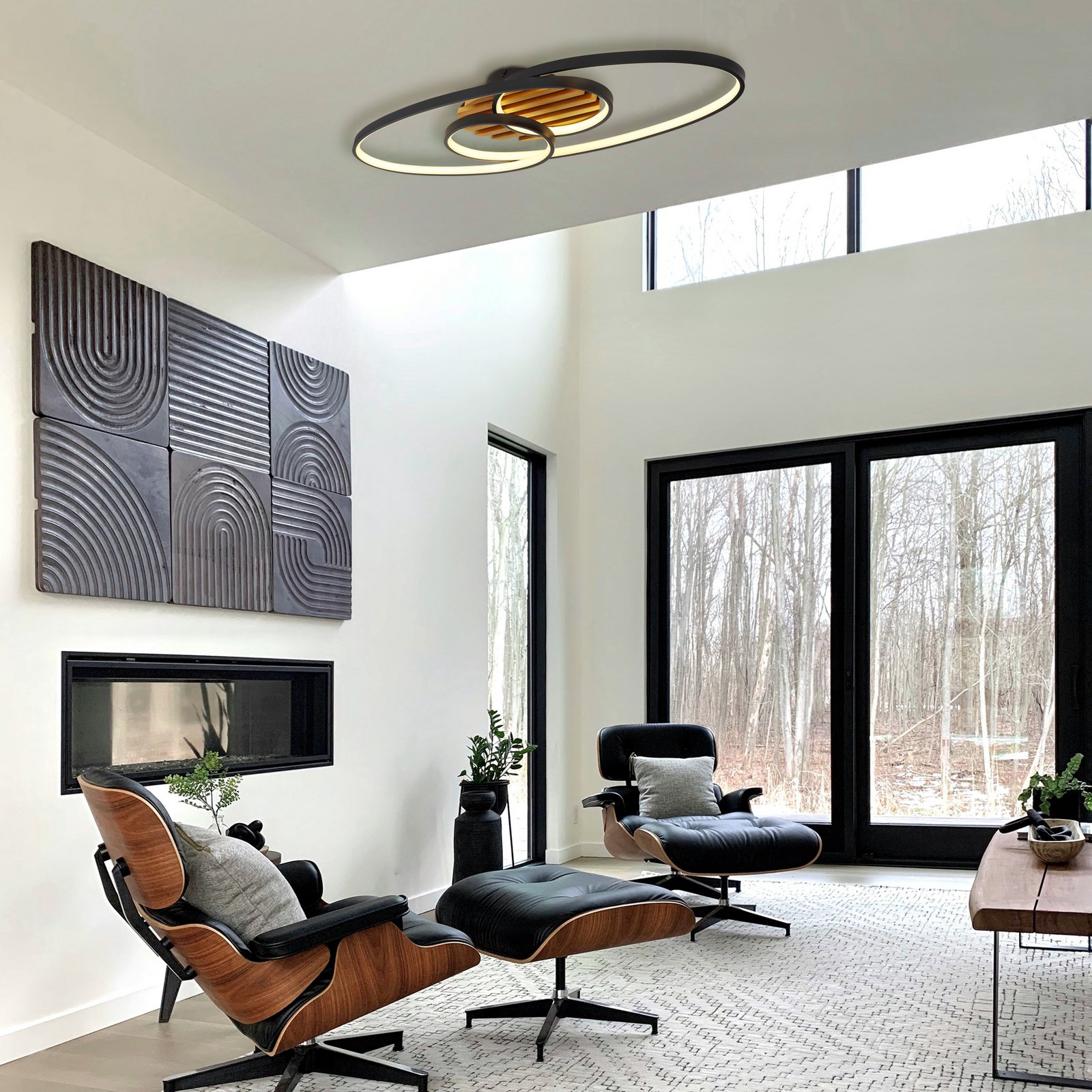 LED lubų šviestuvas „Tisha I“, matinis juodas/medis, ilgis 85 cm