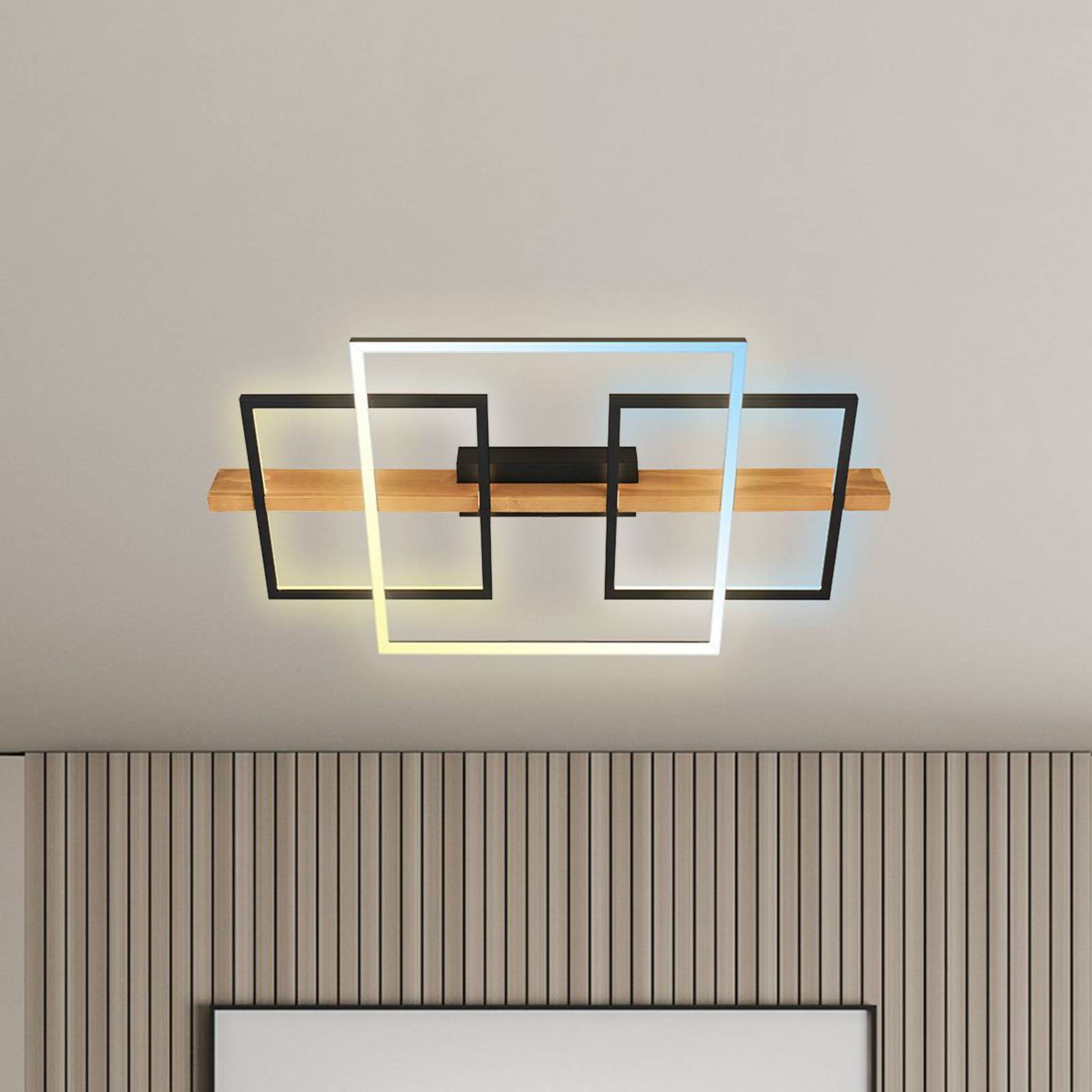 Lampa sufitowa LED Cadre, CCT, 75 cm, czarna, drewno