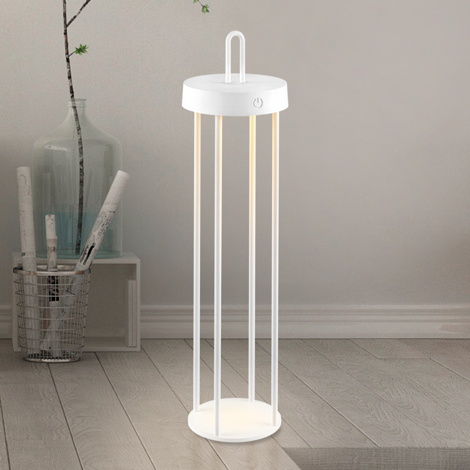 JUST LIGHT. Lámpara de mesa LED recargable Anselm, blanca, 50 cm, hierro