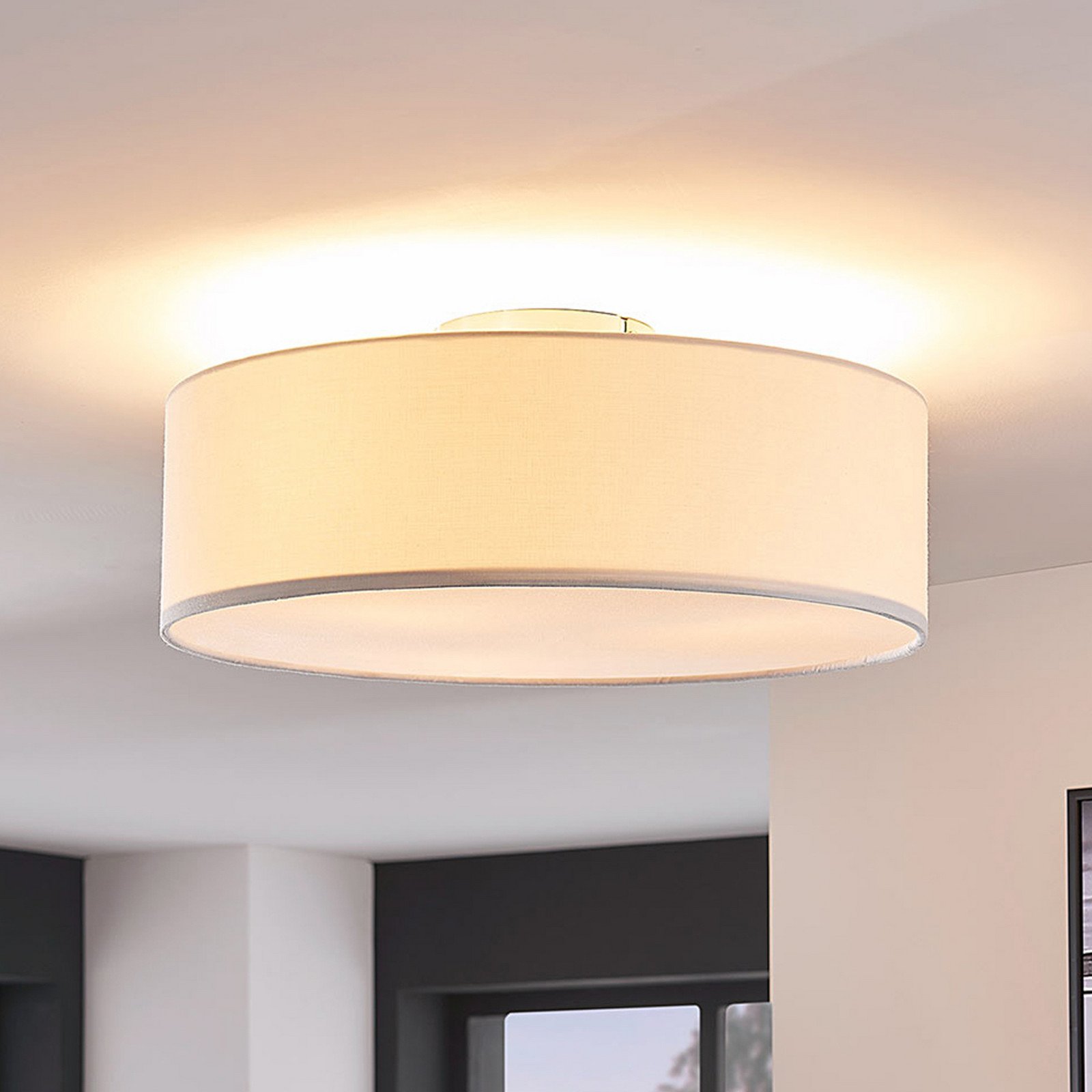 Lindby plafonieră Sebatin Ø 40 cm alb pânză E27 - dormitor - Modern - alb nichel mat - Țesătură / Textil