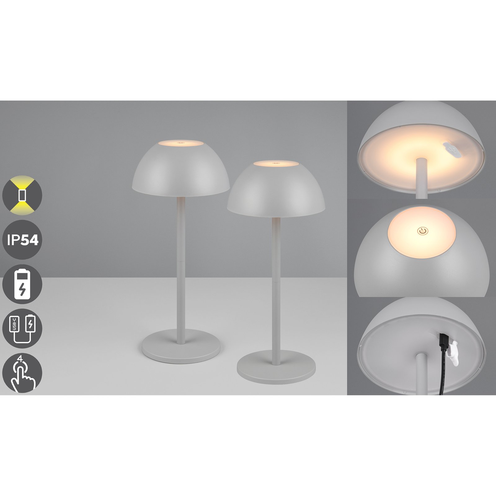 Candeeiro de mesa recarregável Ricardo LED, cinzento, altura 30 cm,