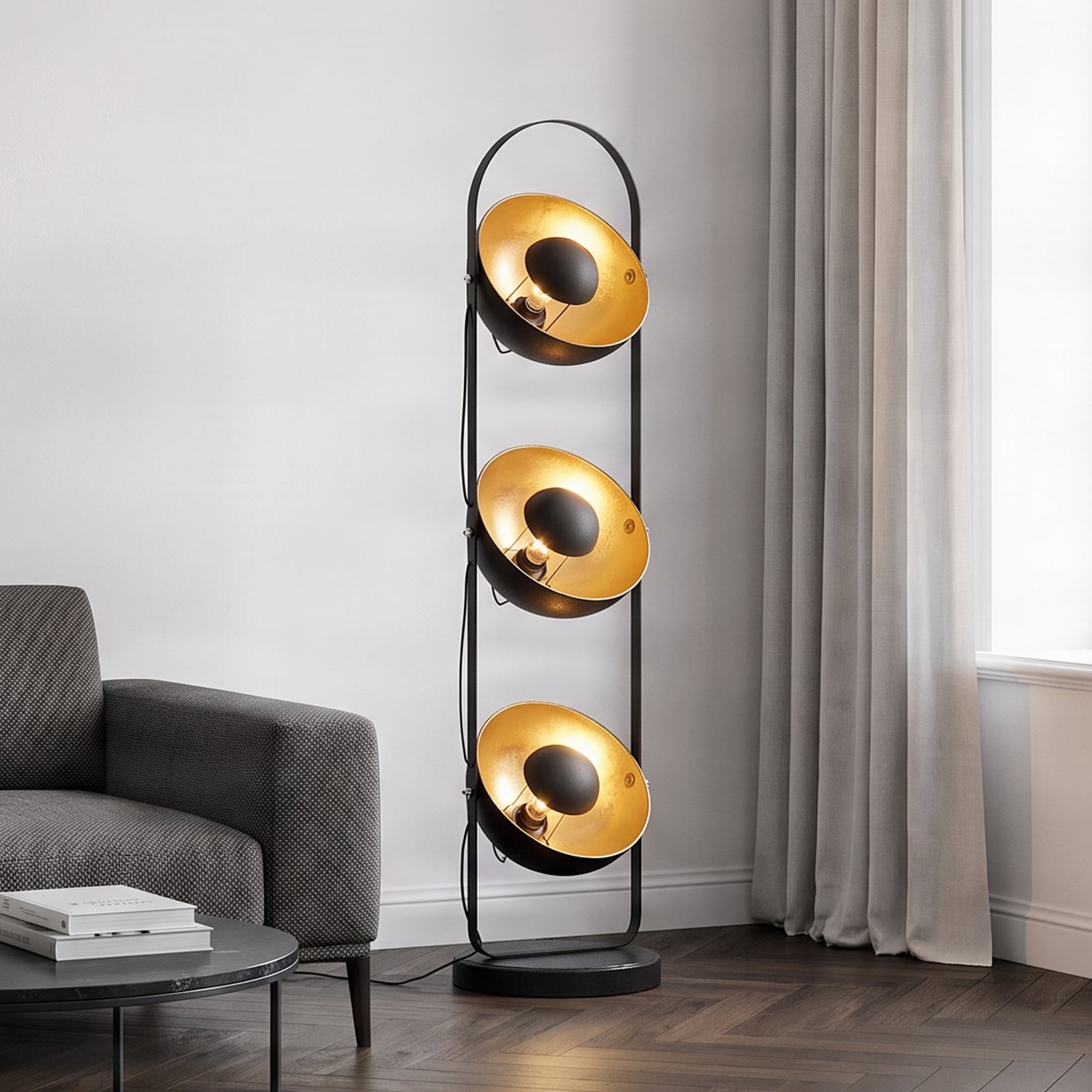 Lindby Stehleuchte Muriel, 3-flg., schwarz/gold, Metall Lindby Stehleuchte Muriel, 3-flg., schwarz/gold, Metall