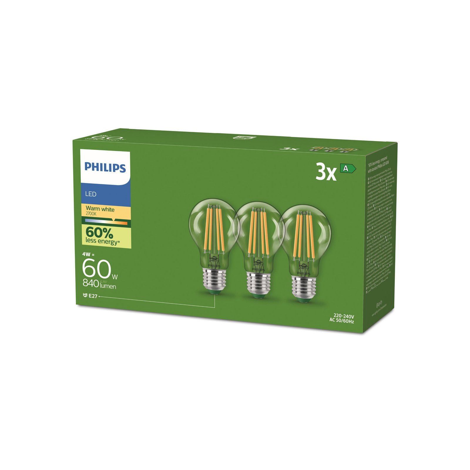 Philips E27 LED-pære A60 4W 840lm 2700K filament 3-pak