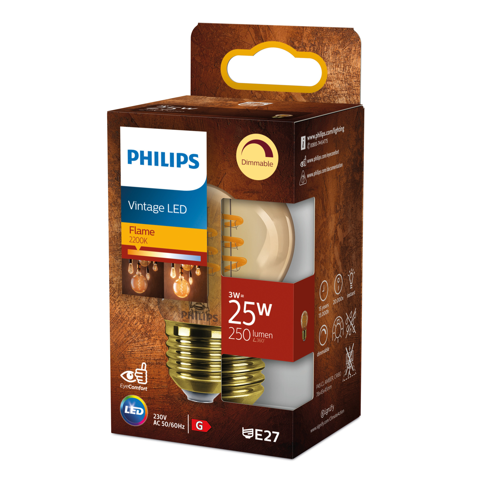 Philips E27 bombilla LED G45 3W dim 2.200K oro