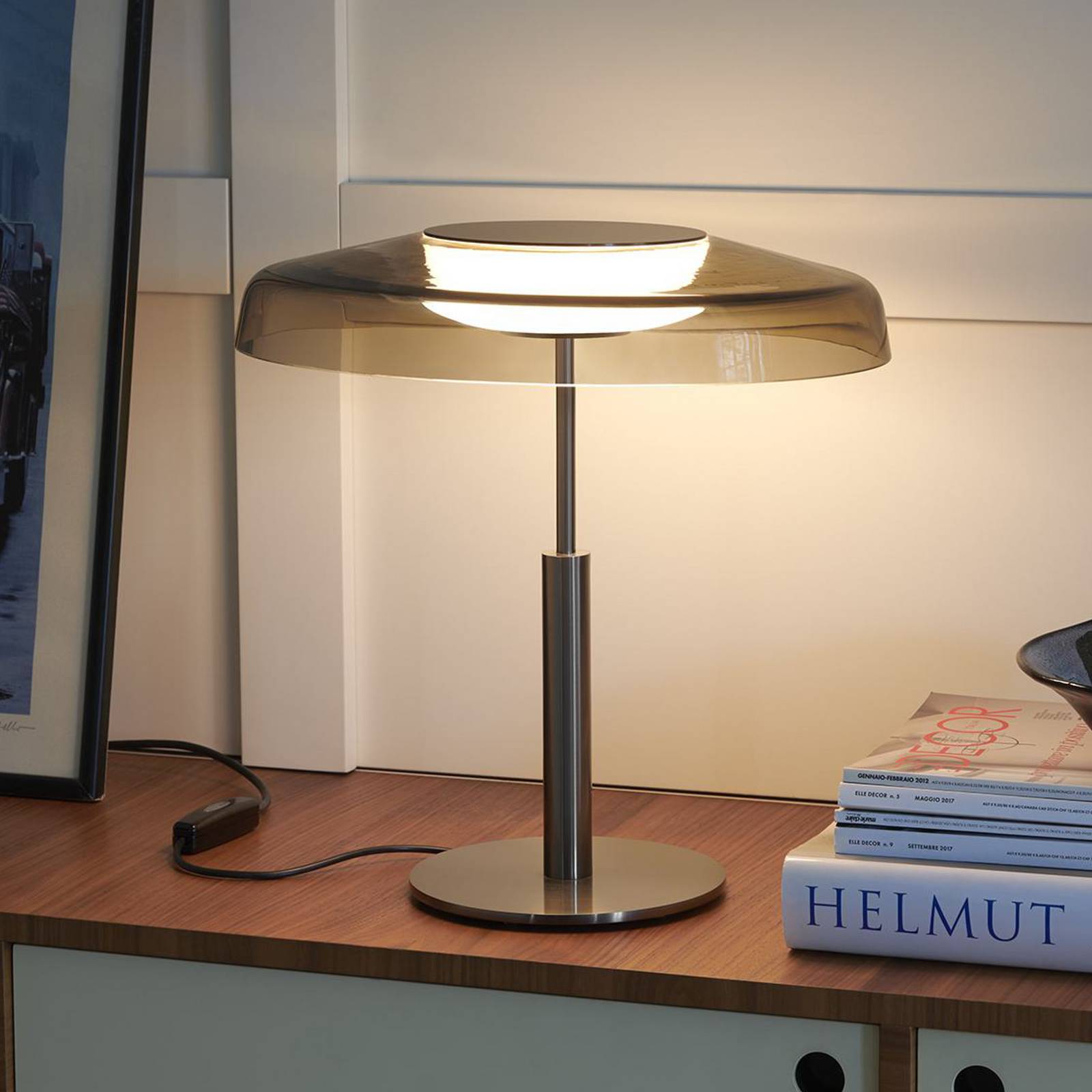 Oluce LED-Tischleuchte Dora, nickel/rauchgrau, Metall, PMMA günstig online kaufen