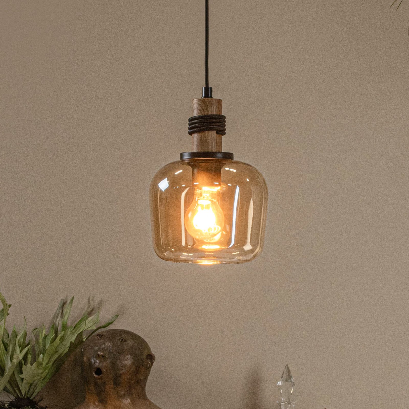 Ilona pendant light, glass, Ø 18 cm, black/amber, 1-bulb