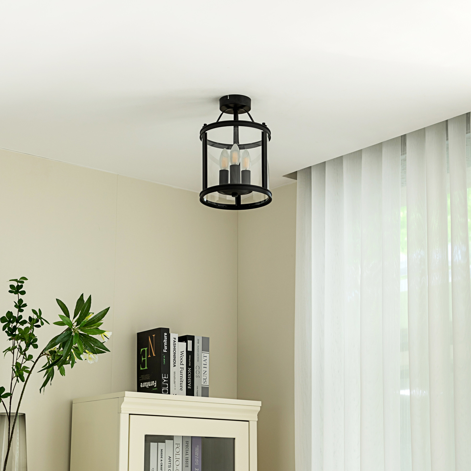 Lucande ceiling lamp Eryk, Ø 23 cm, black, glass, 3-bulb