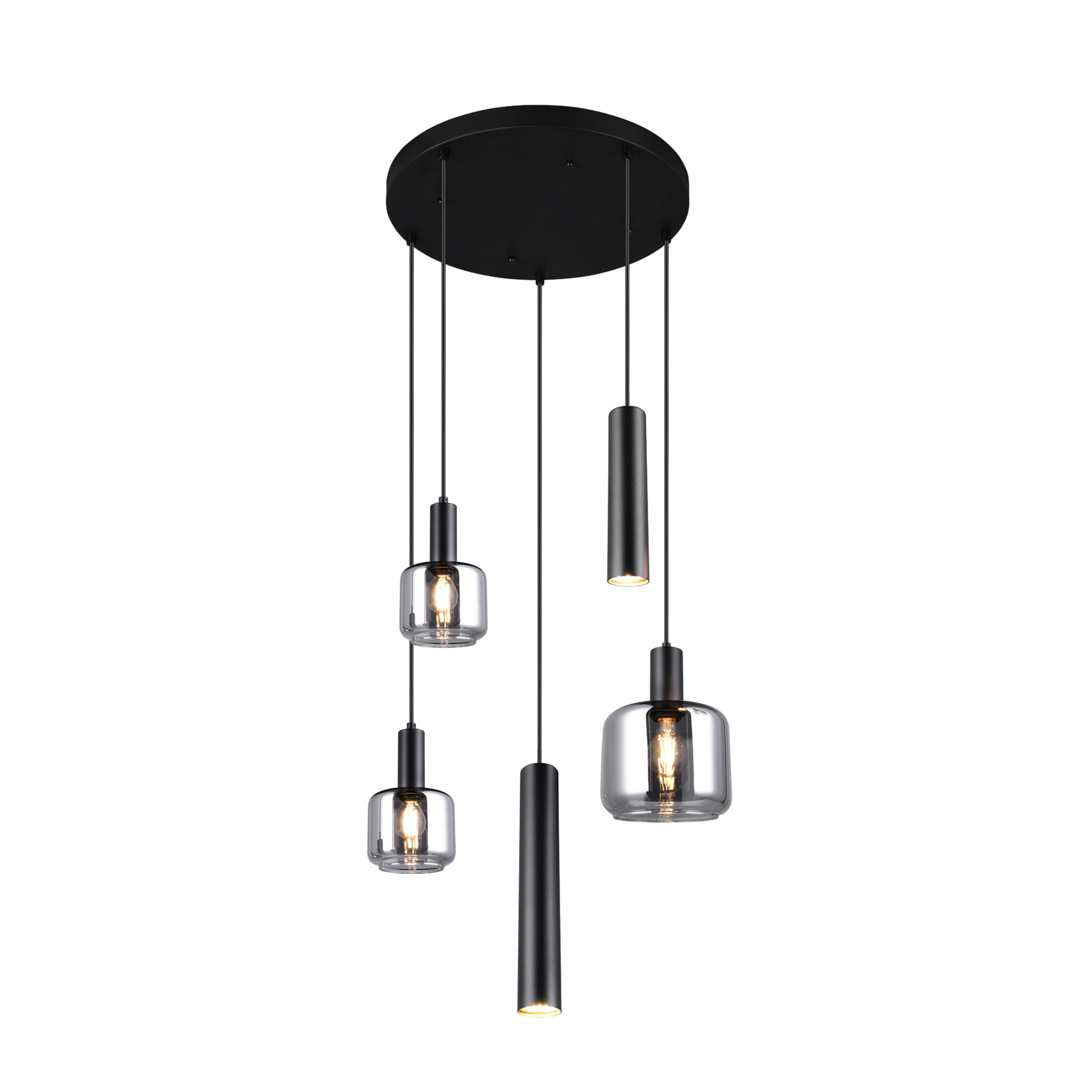 Závěsná lampa Mataro, chrom/černá, Ø 55 cm 5 světel sklo/kov