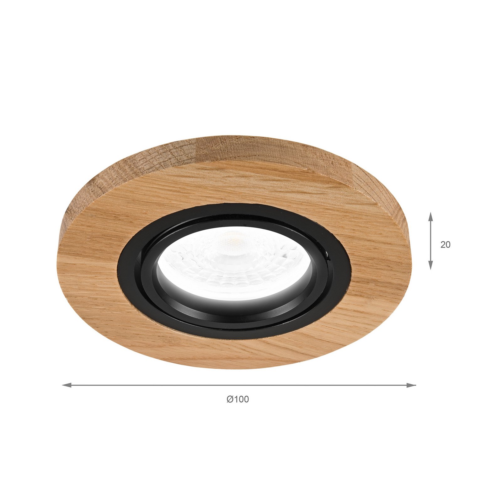 Forsænket loftlampe Tobby, Ø 10 cm, egetræ, GU10