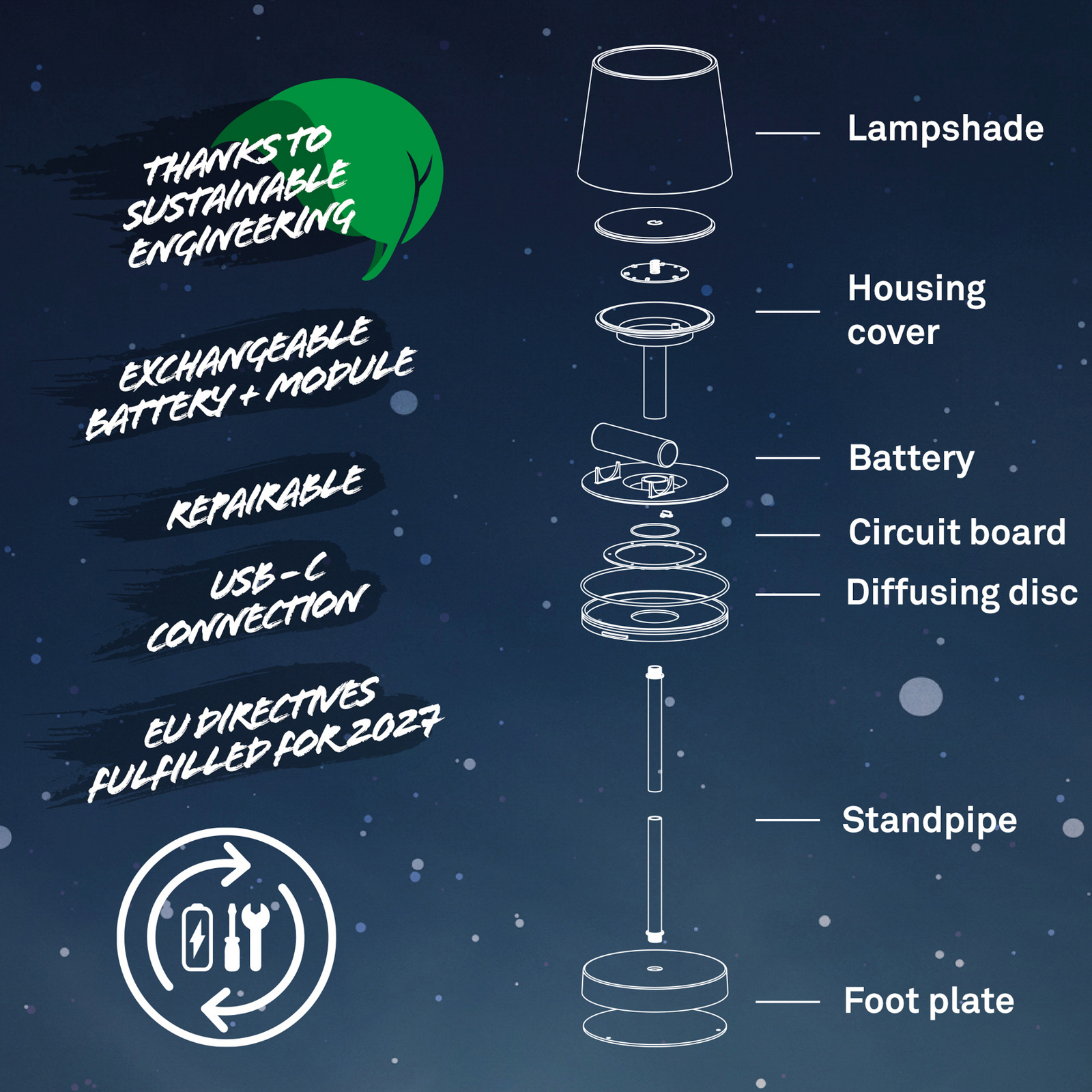 Lampe de table LED Piha avec batterie, noir