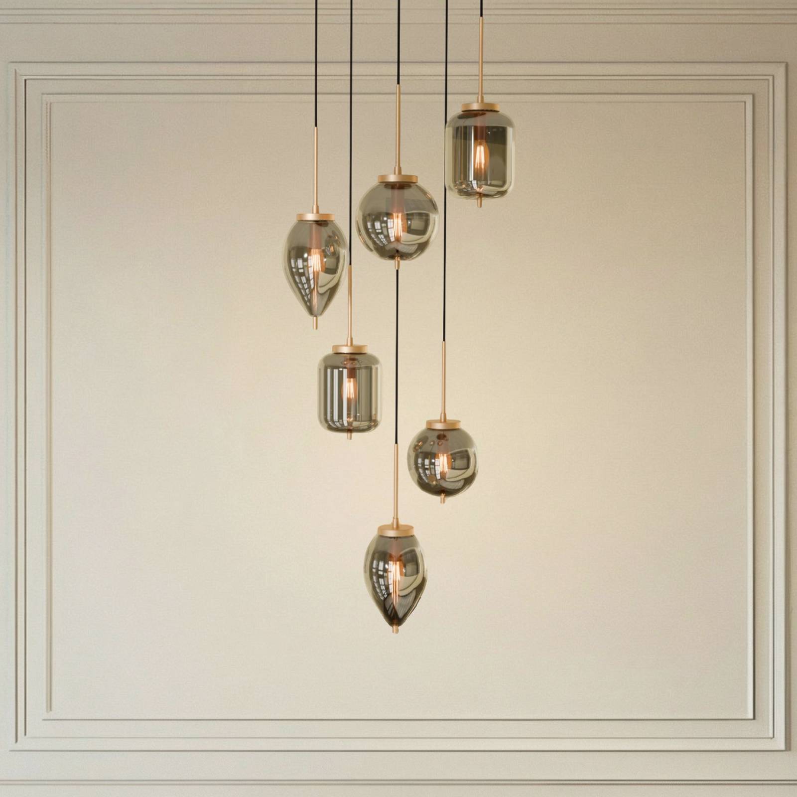 Suspension Lucande Elani, à 6 lampes, Ø 62 cm, verre