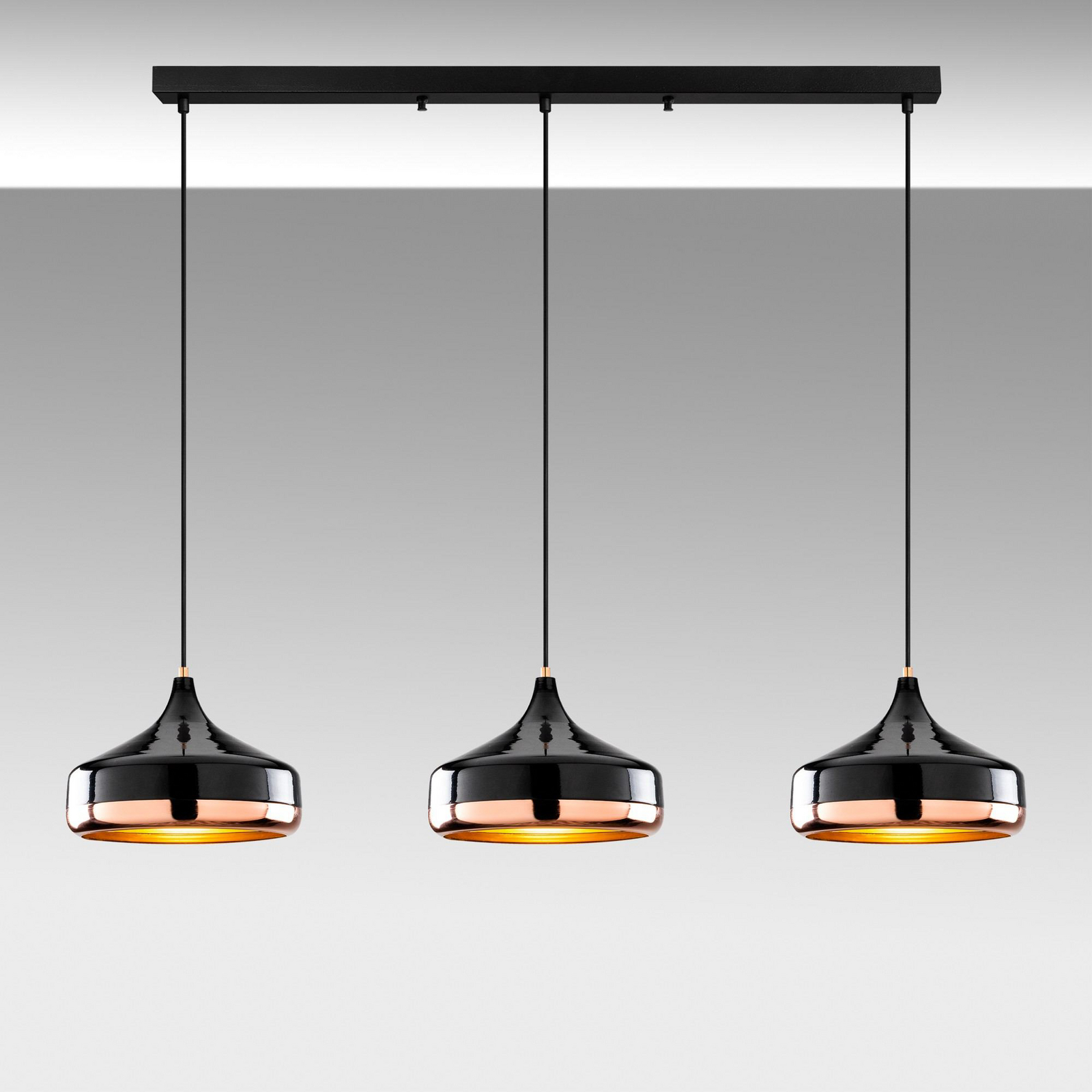Yildo pendant light, length 146 cm, black/copper, 3-bulb