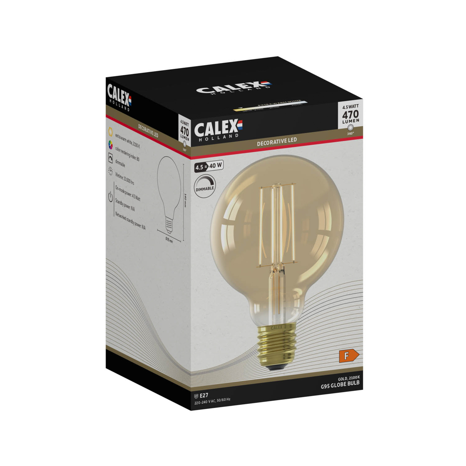 Calex E27 G95 4.5W LED πυράκτωσης χρυσό 821 με δυνατότητα ρύθμισης φωτισμού