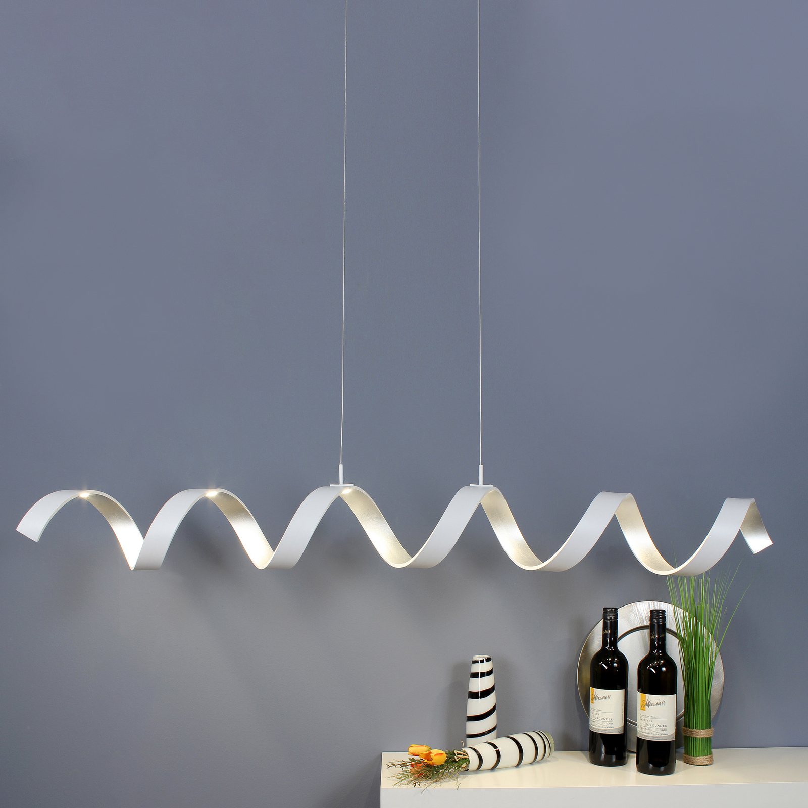 LED-hänglampa Helix, vit silver, längd 125 cm