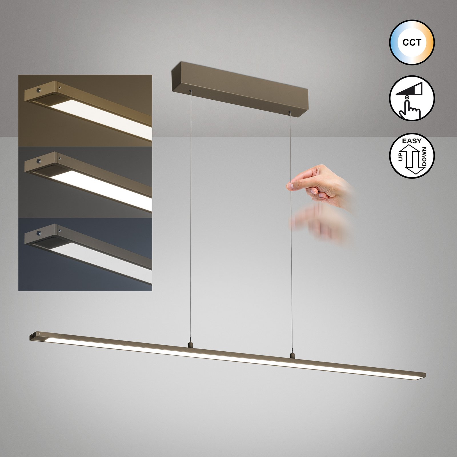 Lámpara colgante LED Marlo, gris claro, longitud 120 cm, CCT, regulador táctil Lámpara colgante LED Marlo, gris claro, longitud 120 cm, CCT, regulador táctil