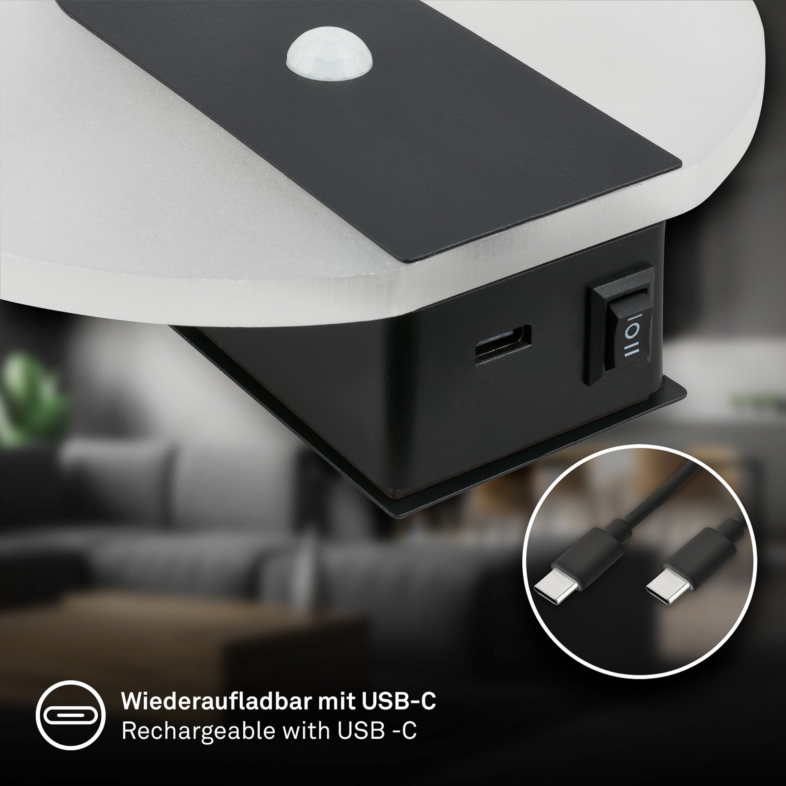 Candeeiro de parede LED recarregável Taro, preto mate, Ø 15 cm, sensor