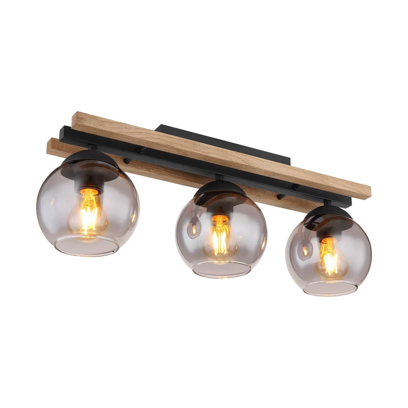 Deckenlampe Conni, Länge 60 cm, rauchgrau, Holz/Glas, 3-flg.