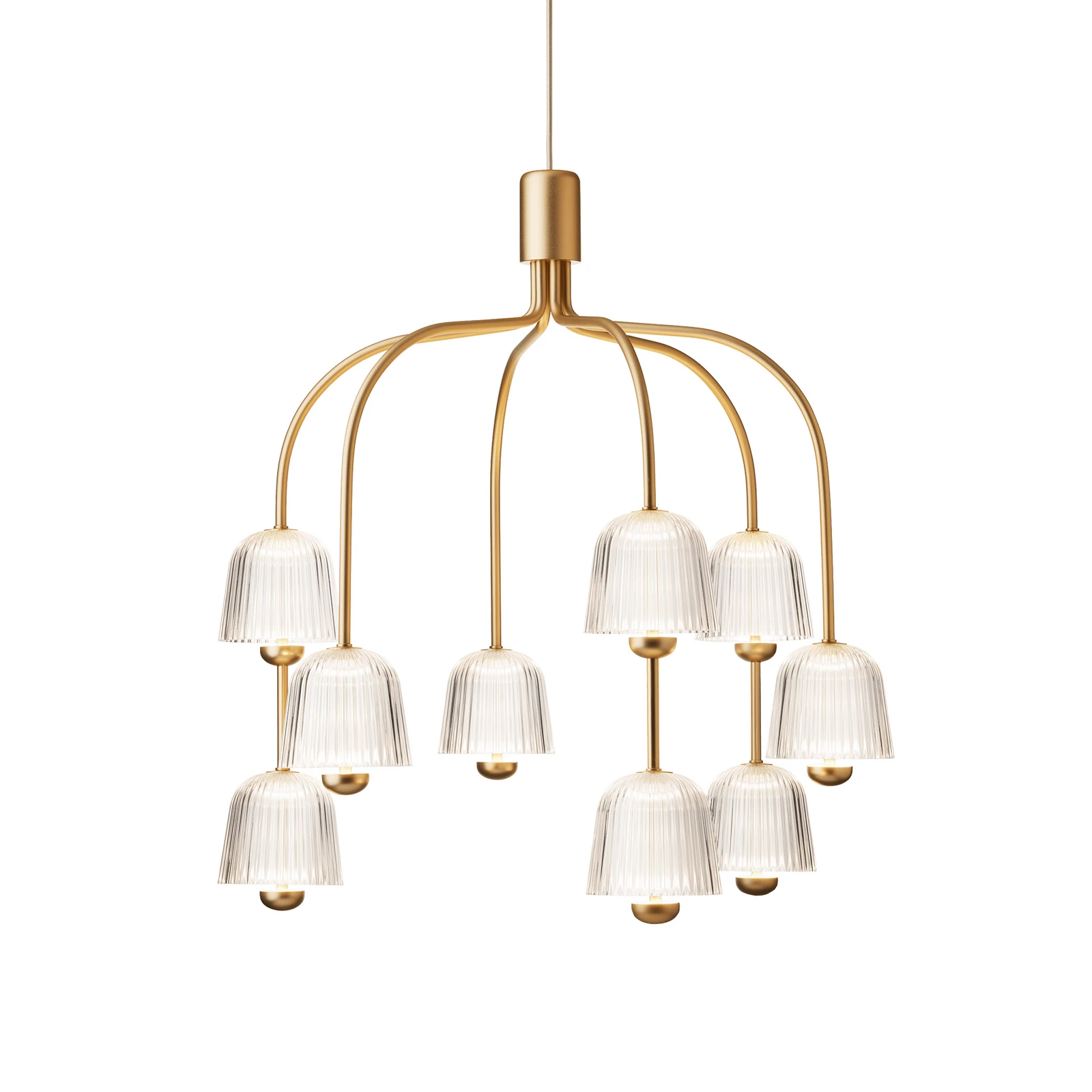 Nuura LED lustra Asteea 9, Ø 66 cm, misiņa krāsā/caurspīdīga