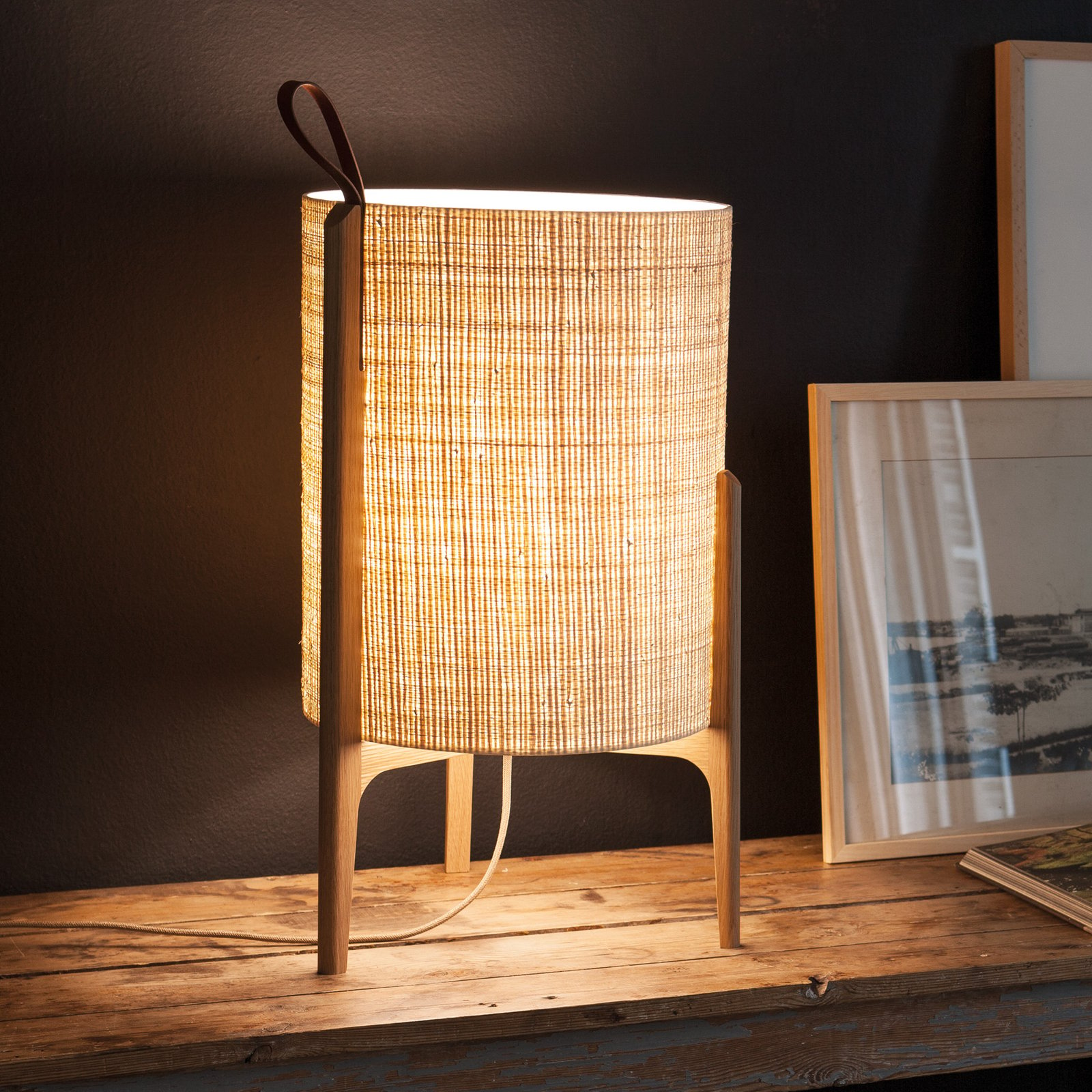 Greta table lamp, natural fibre/oak, 33 cm high