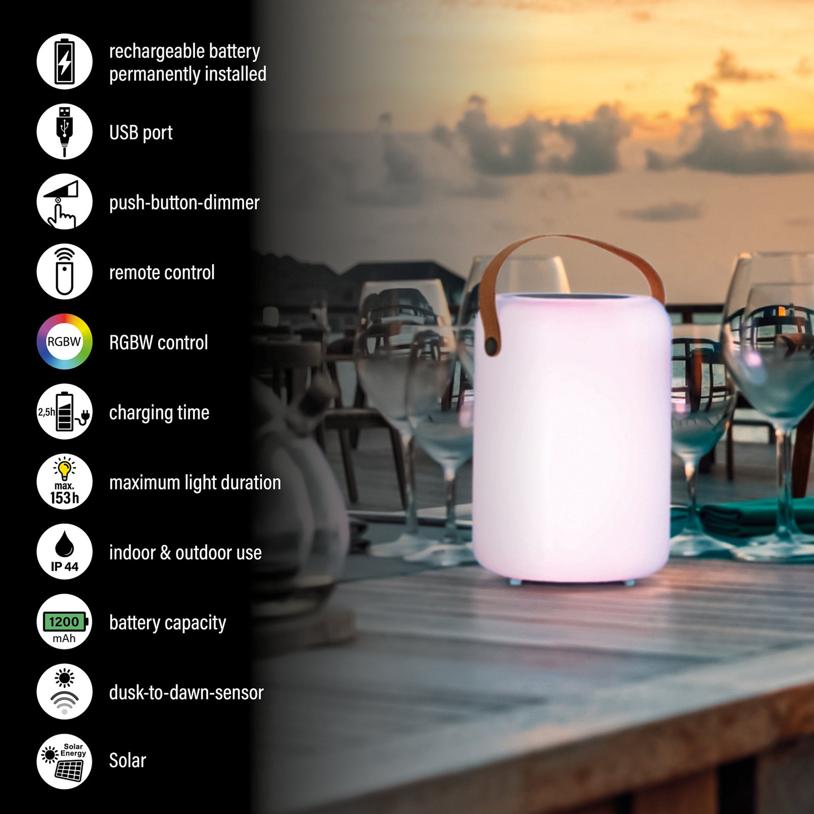 LED-solcellebordlampe Orno, varmhvit og RGB