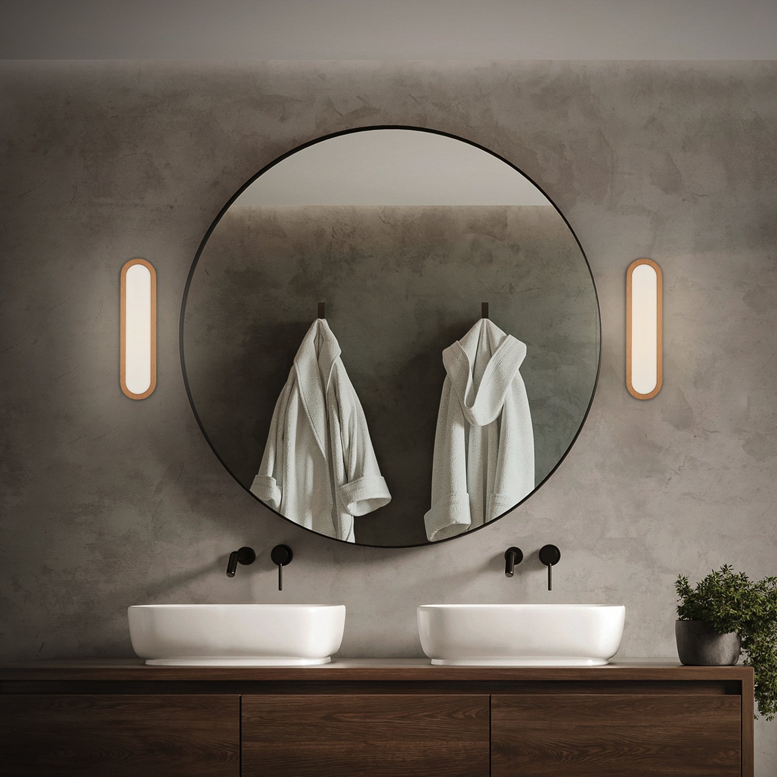 LED-vannitoa seinavalgusti Pil, puidutoon, laius 35 cm, plast