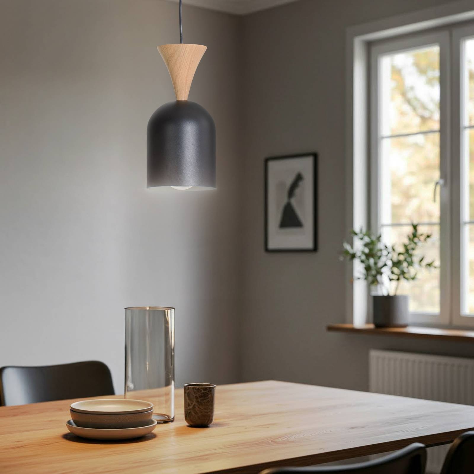 Pendellampe Nolan, Ø 11 cm, schwarz/eiche, Metall/Holz günstig online kaufen