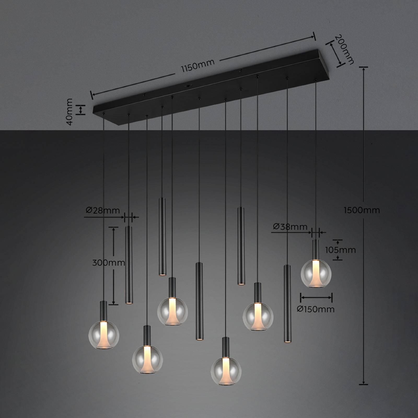 LED-hengelampe Melaro, lengde 120 cm, svart, metall/glass, 11 lyskilder