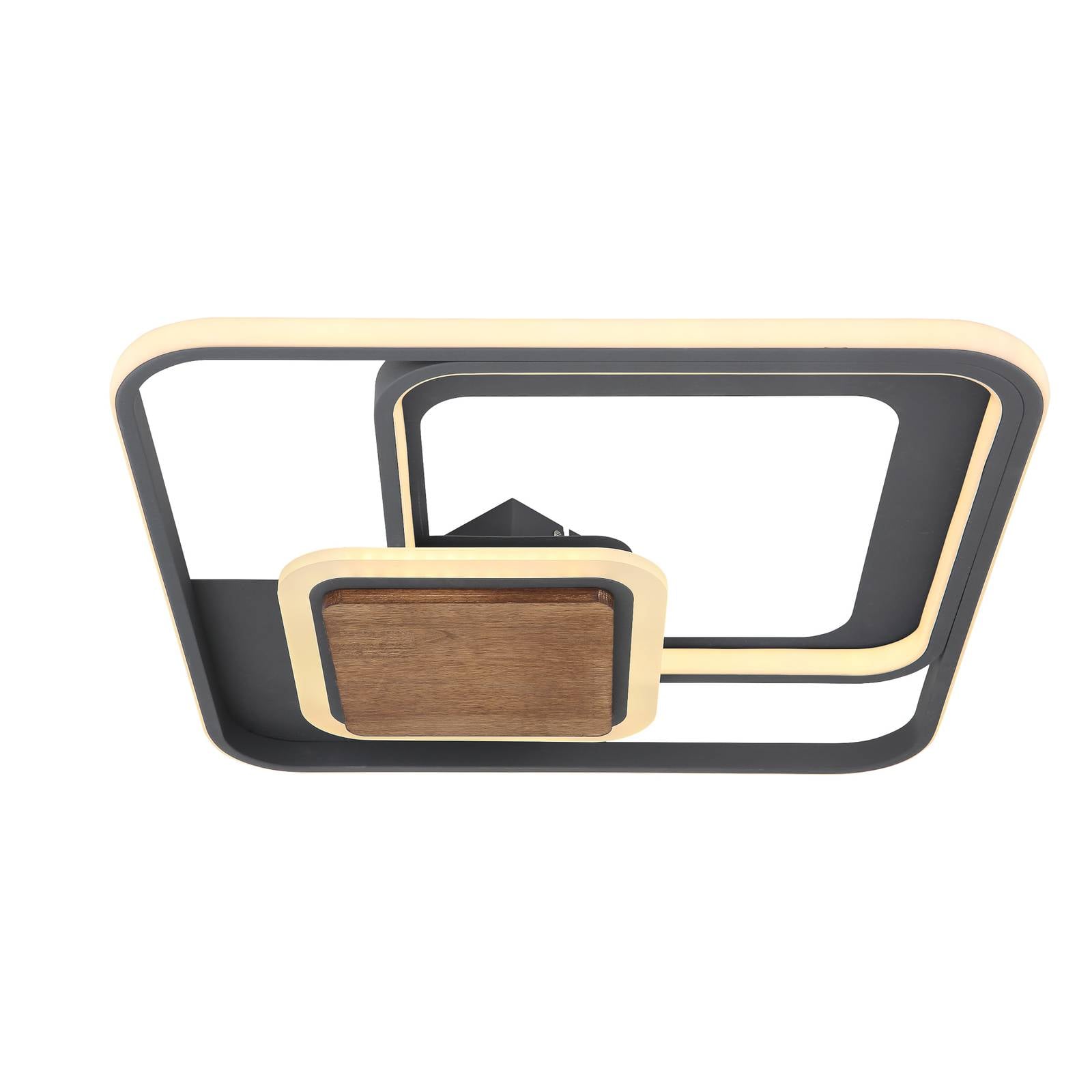 LED-Deckenleuchte Nirra mit Holzplatte, 3fl, eckig