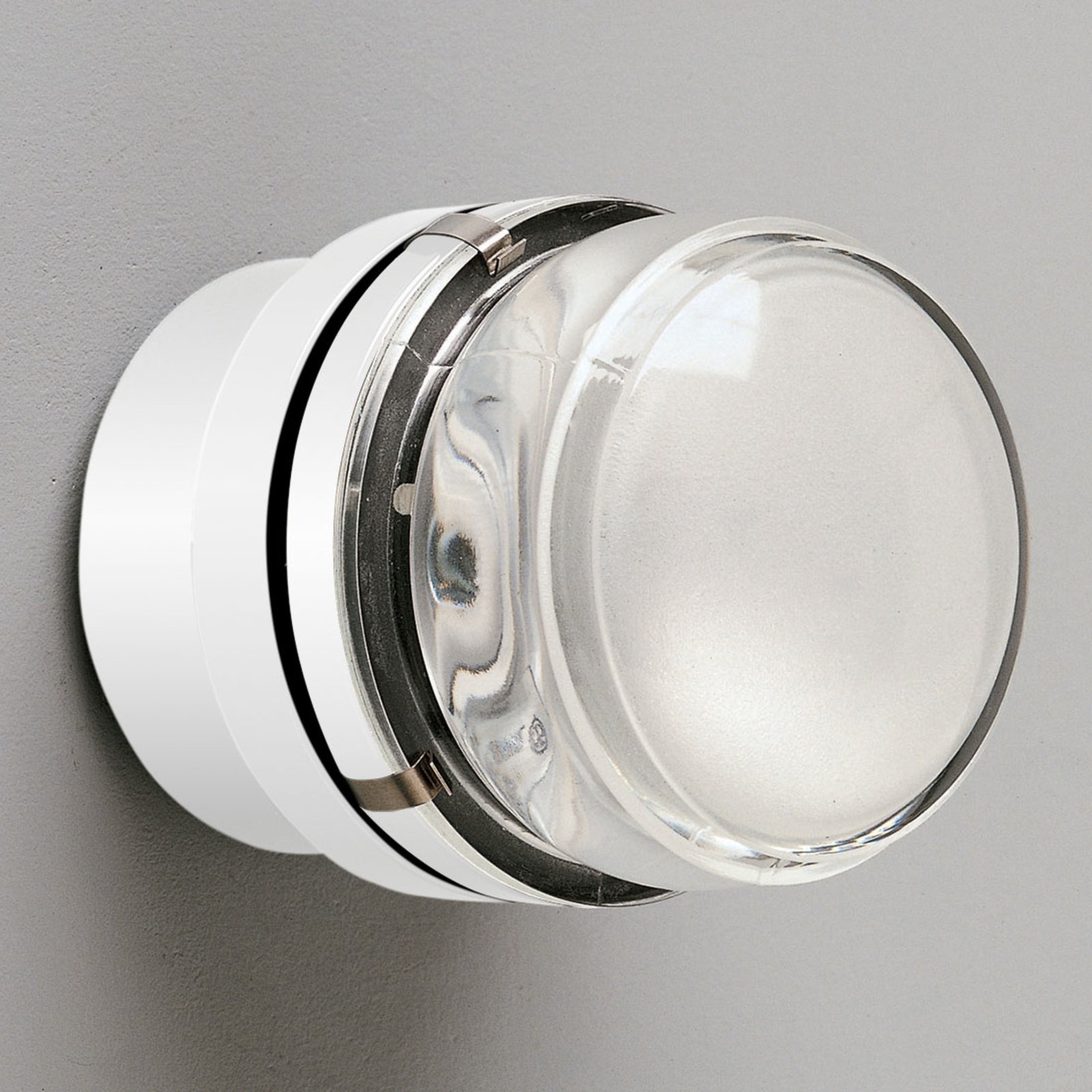 Oluce Fresnel - wall light with glass lens, white IP44, for Bathroom, aluminium, glass, E14, 40 W, energy efficiency: A++