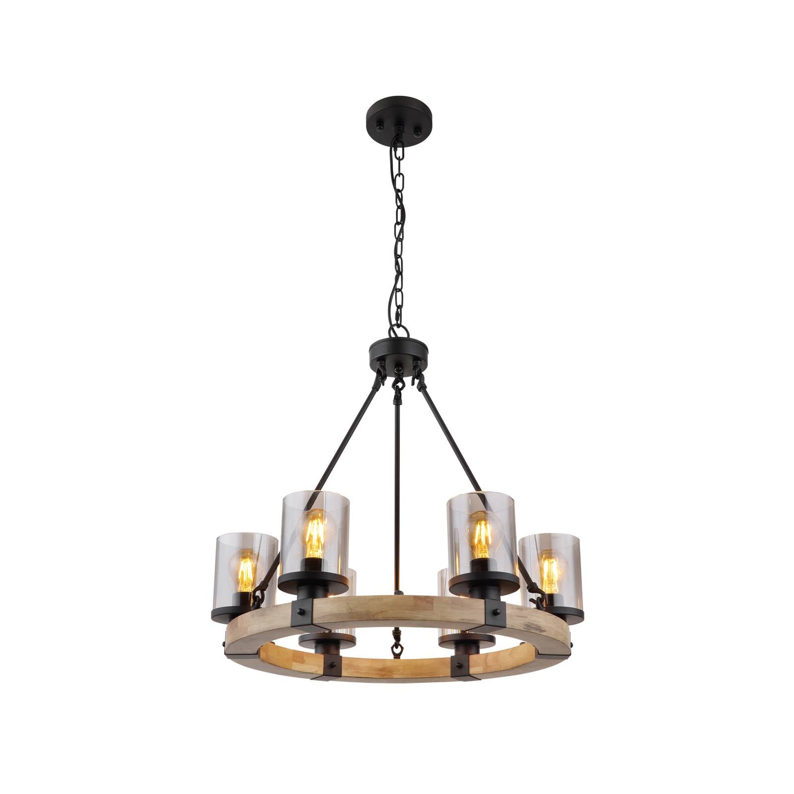 Hängeleuchte Lila mit Holzring, rund, sechsflammig