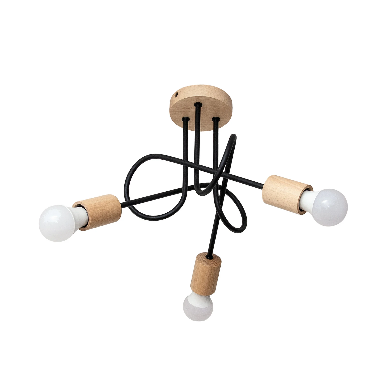 Plafón Oxford, negro, madera, metal, 3 luces, Ø 44 cm
