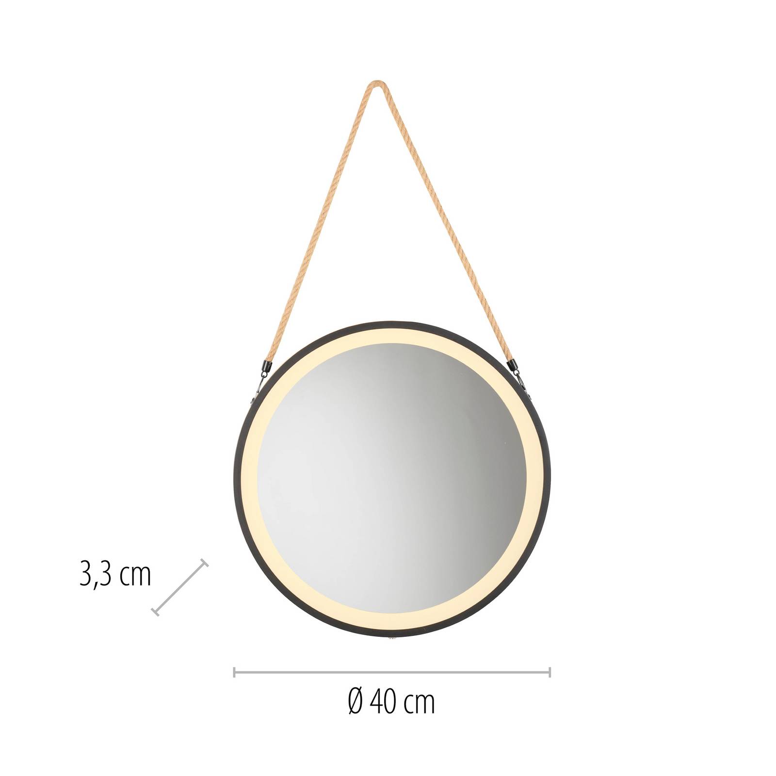 Lustro ścienne LED VIDRO, czarne, Ø 40 cm, powerbank, wiszące