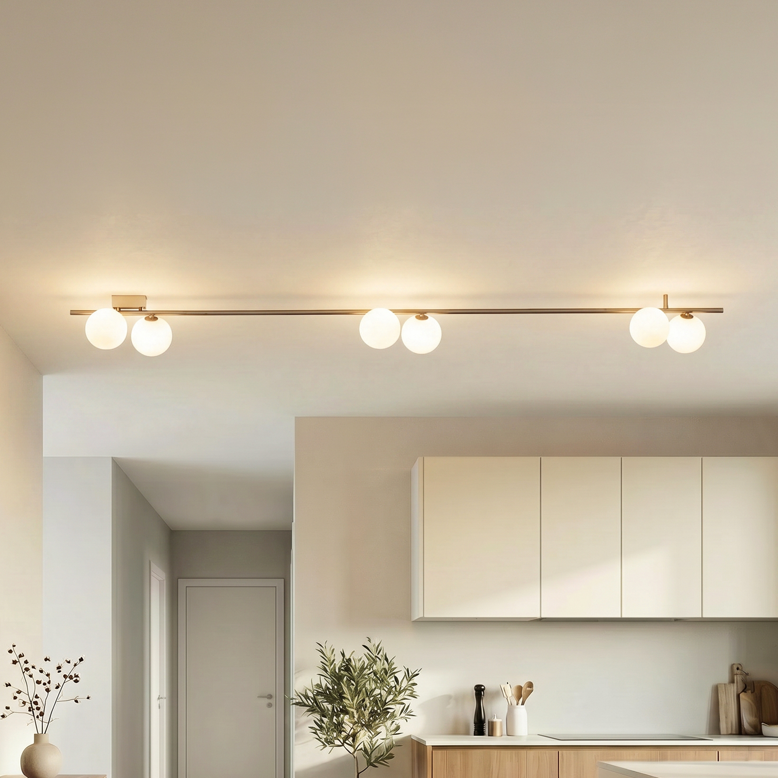 Plafón Imelo, marrón, 6 luces, cristal, longitud 200 cm