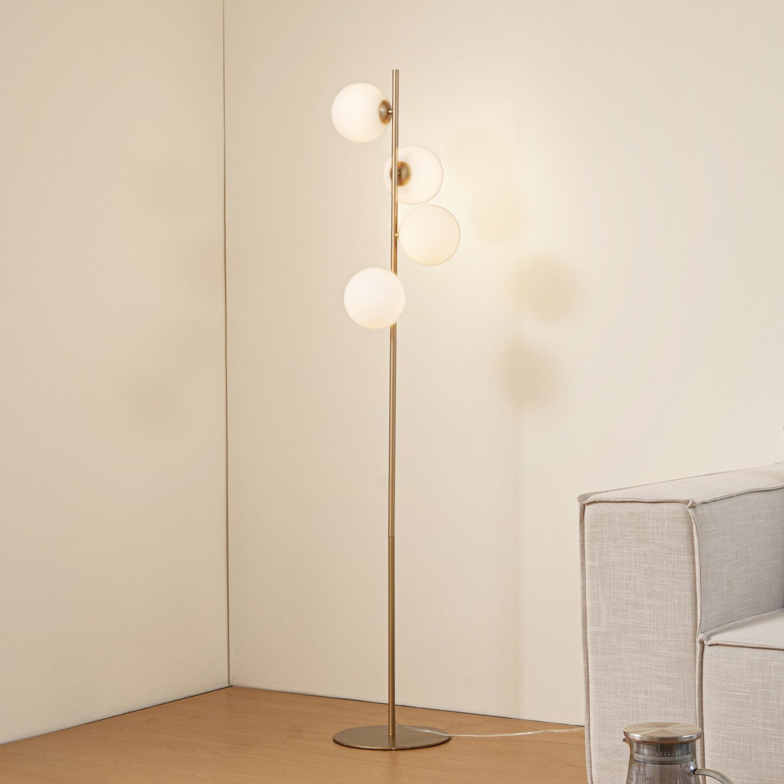 Lucande Floor lamp, opal/gold, metal