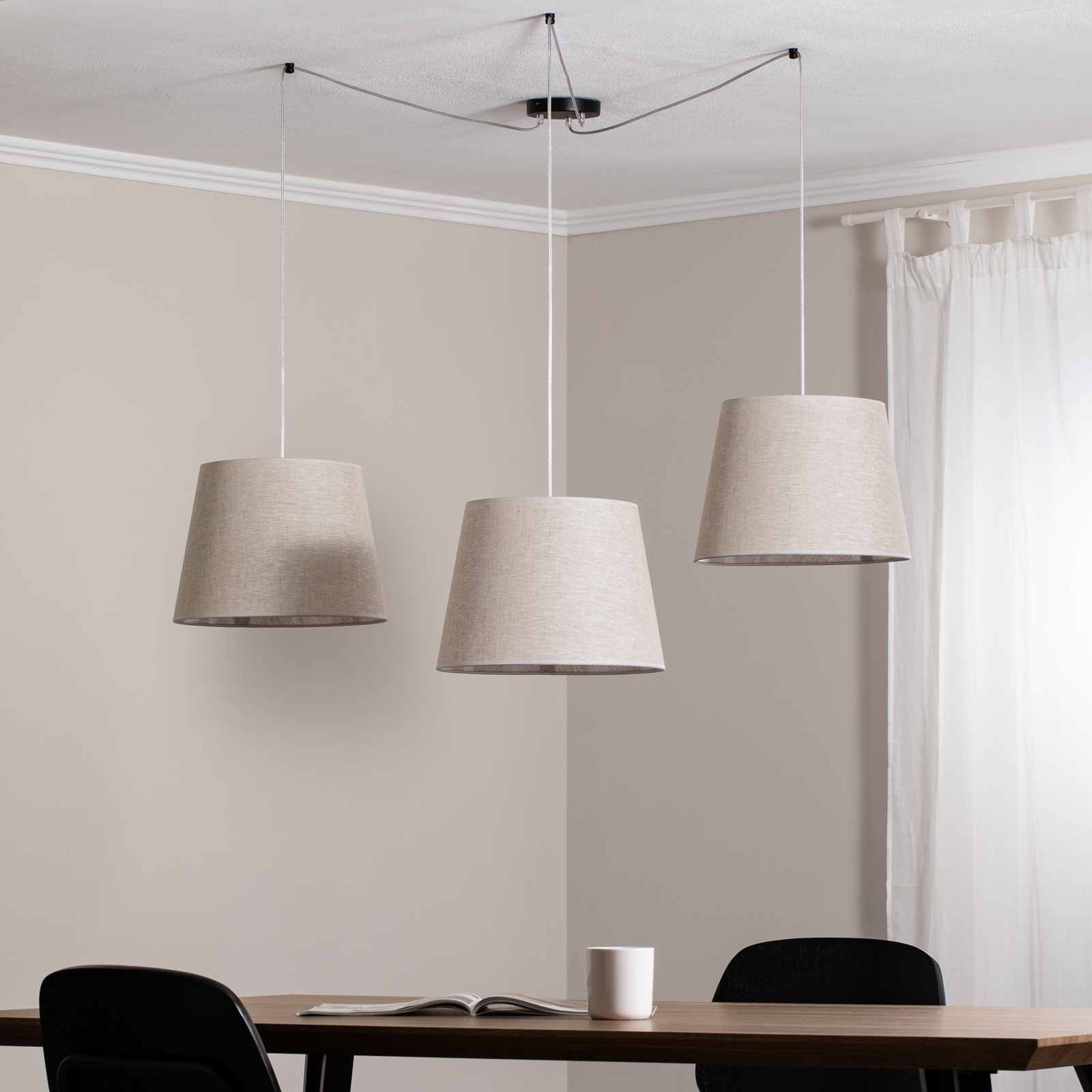 Ascot hanging light, beige, fabric, 3-bulb, decentralised