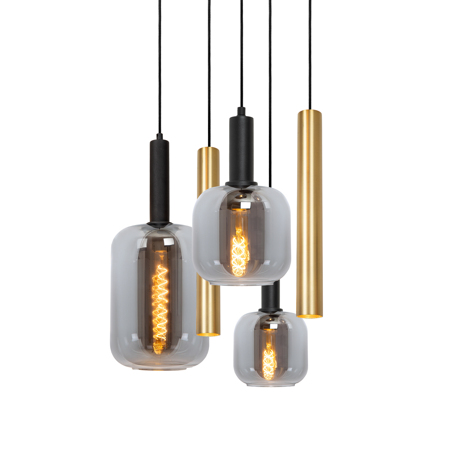 Visoka svetilka Joanet, Ø 65 cm, dimna/medenina steklo/kovina 6-svetilna.