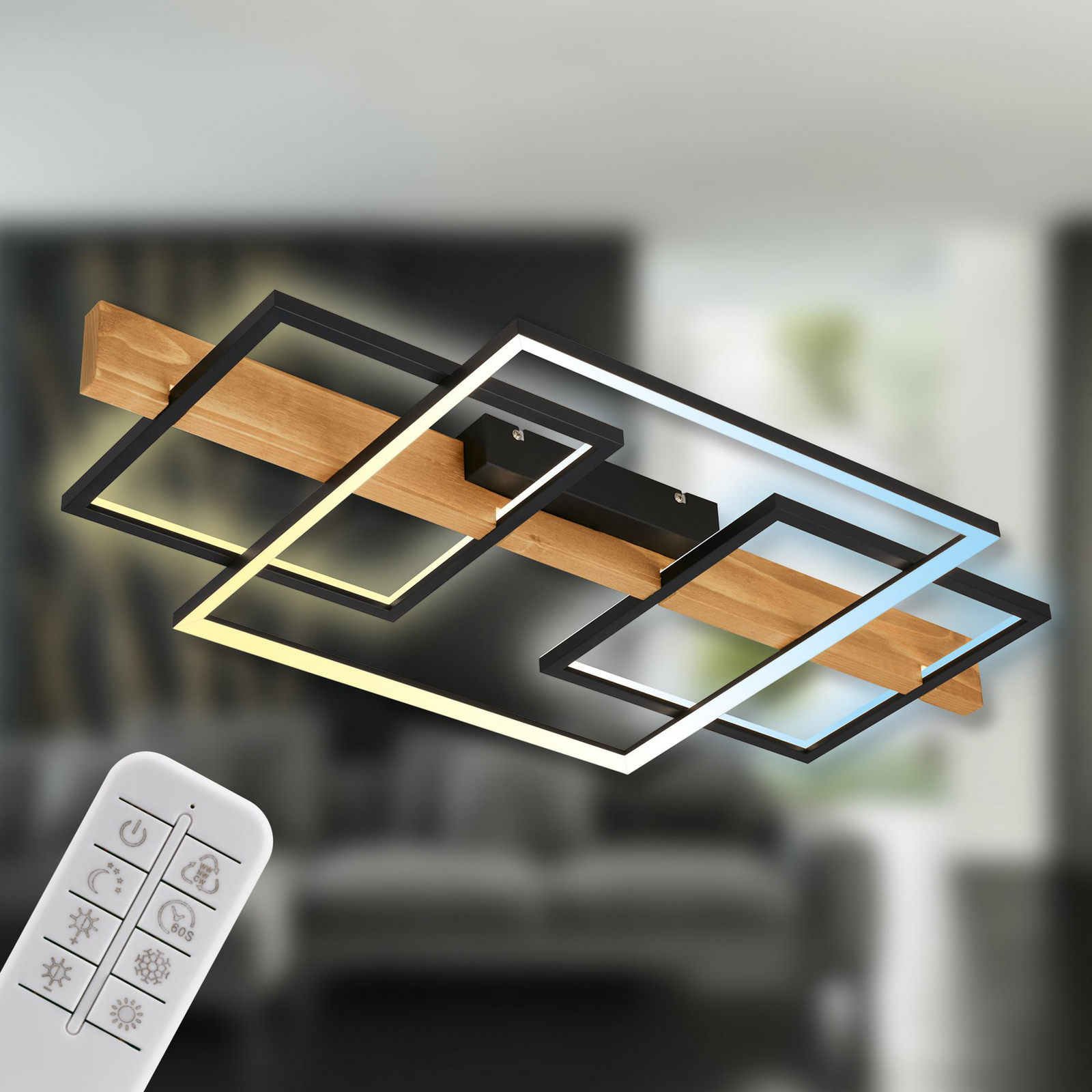 Cadre LED ceiling light, CCT, 75 cm, black, wood