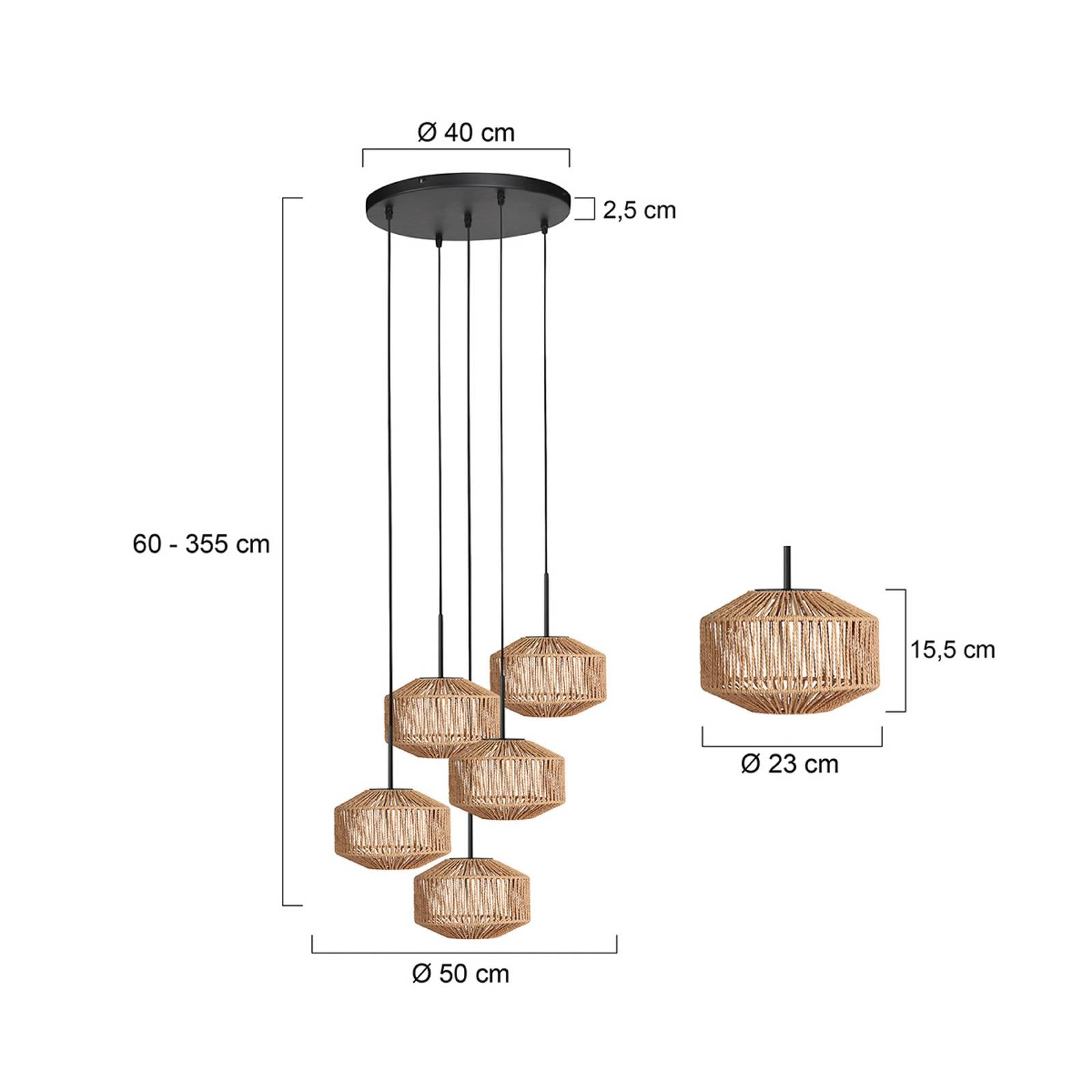 Anne Light Suspension Ropex 4525, à 5 lampes, ronde, noire, câble marron